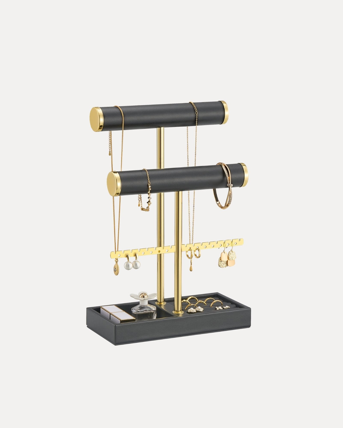 3-tier black jewelry organizer stand with necklace bars, earring rack, and ring tray