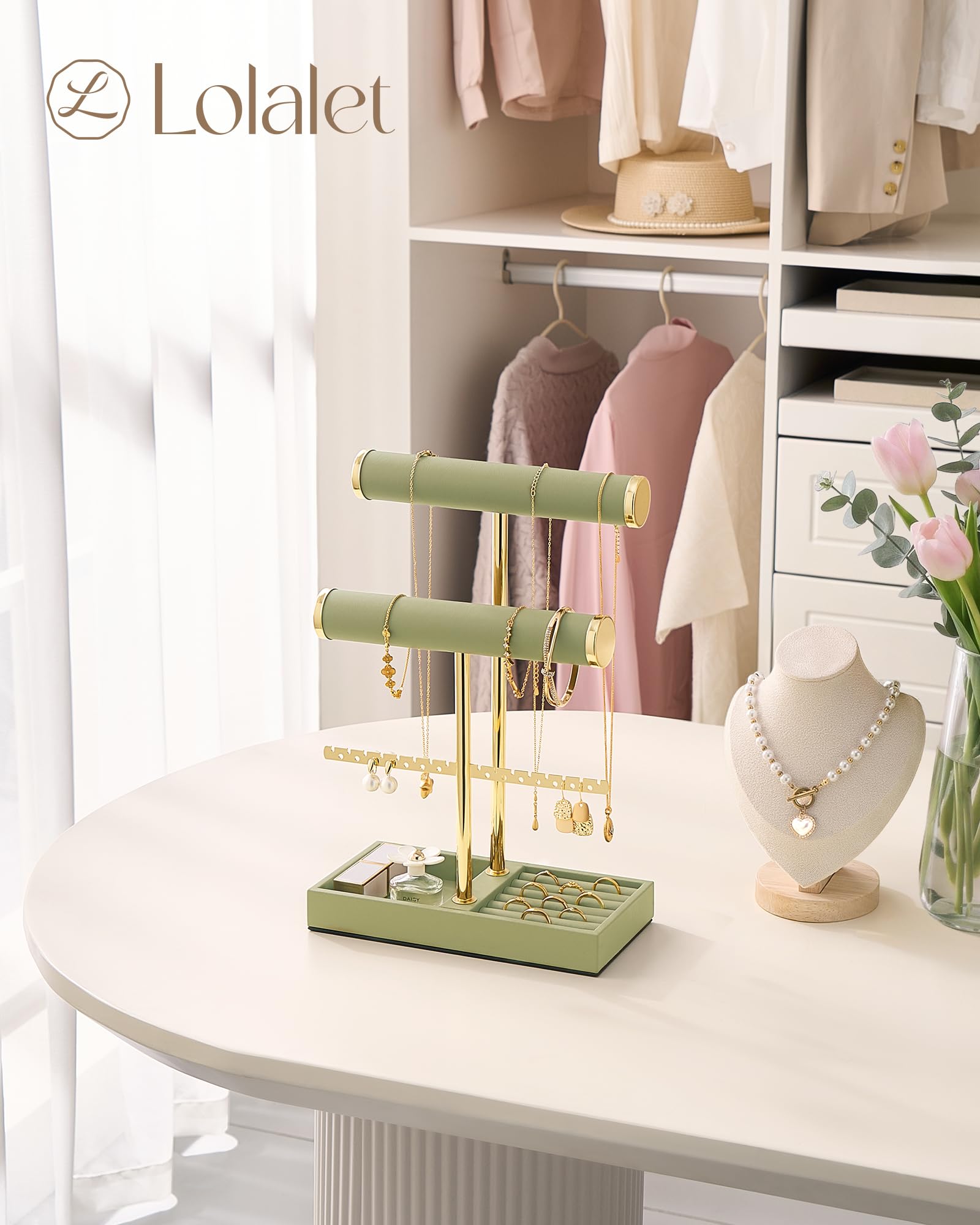 3-tier sage green jewelry organizer stand with necklace bars, earring rack, and ring tray showing full organizer setup