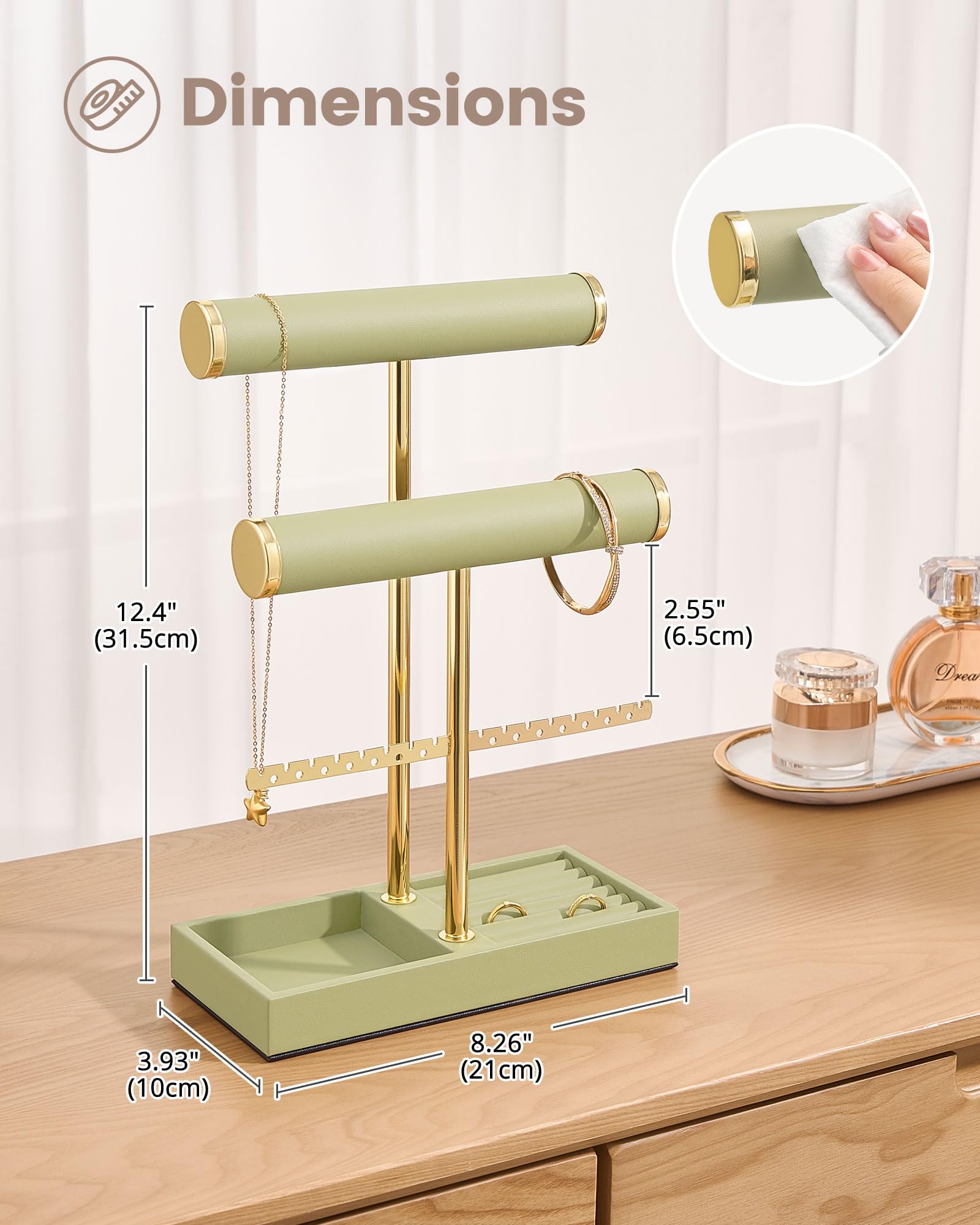 3-tier sage green jewelry organizer stand with necklace bars, earring rack, and ring tray showing organized storage layout