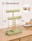 3-tier sage green jewelry organizer stand with necklace bars, earring rack, and ring tray showing organized storage layout
