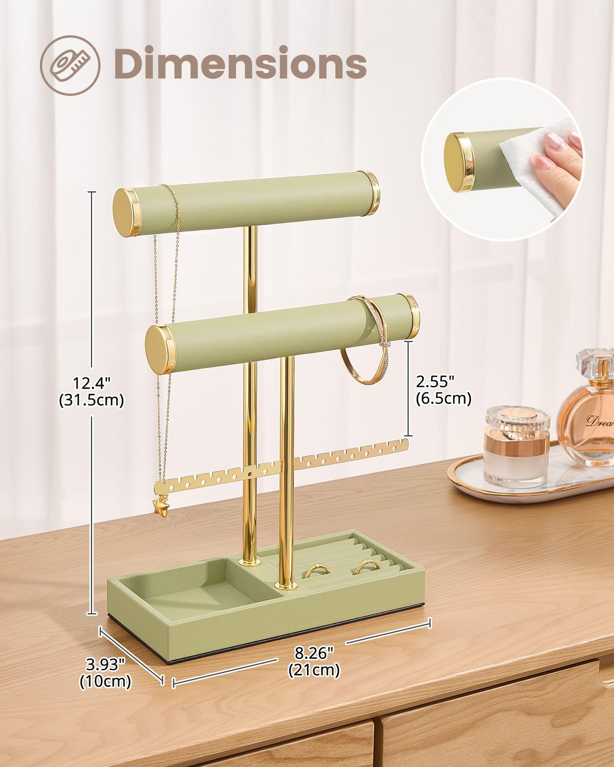 3-tier sage green jewelry organizer stand with necklace bars, earring rack, and ring tray showing organized storage layout