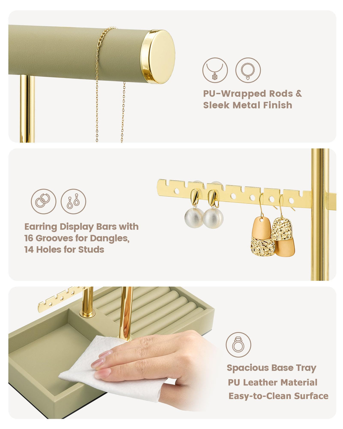 3-tier sage green jewelry organizer stand with necklace bars, earring rack, and ring tray showing size and dimension details