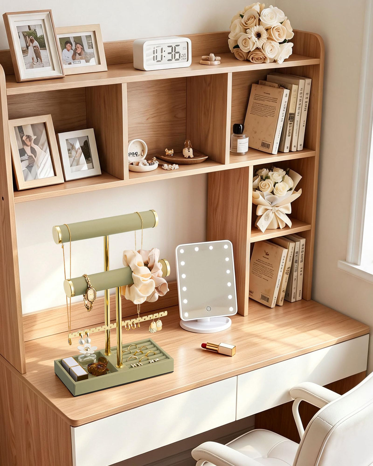 3-tier sage green jewelry organizer stand with necklace bars, earring rack, and ring tray showing earring rack and necklace bars