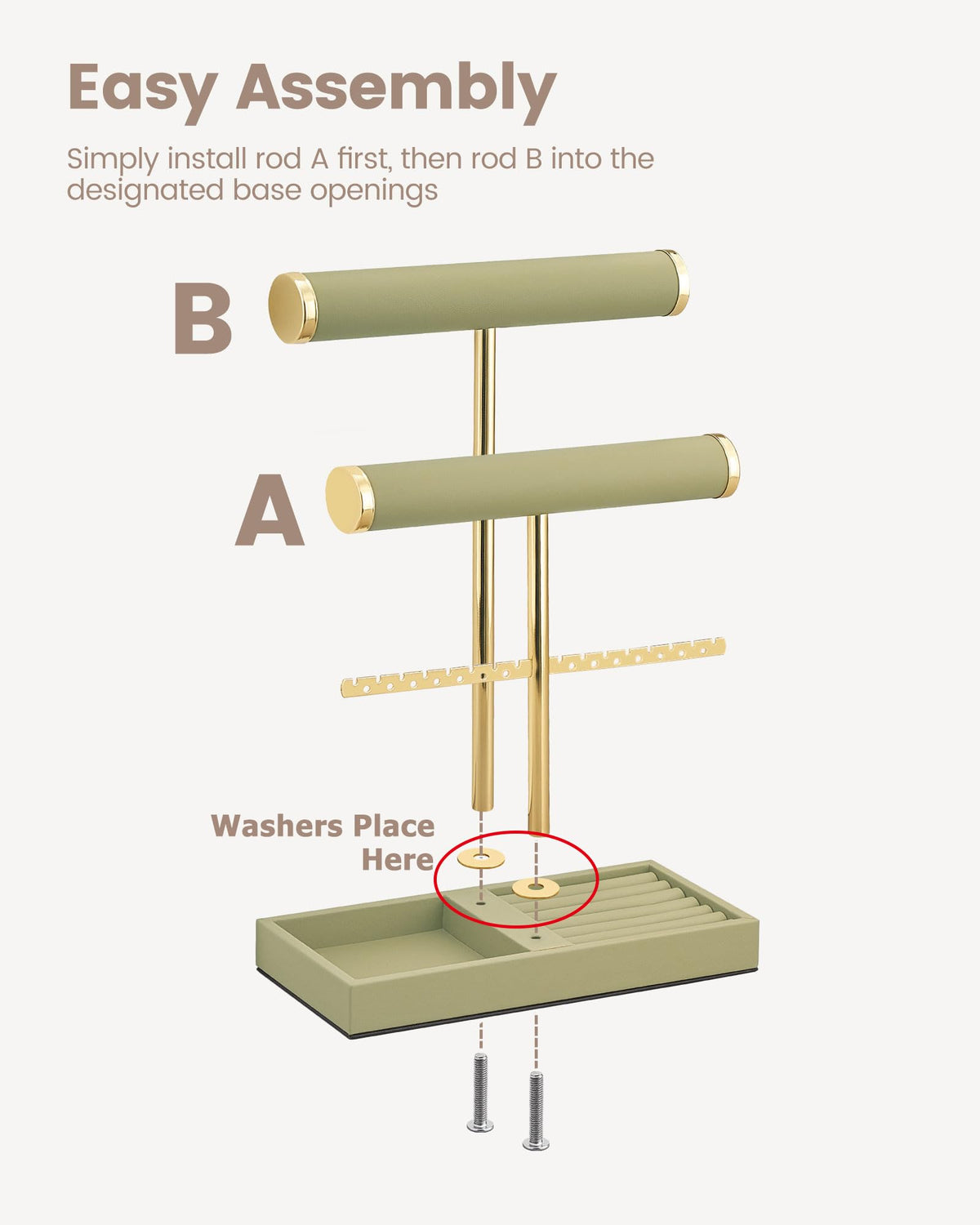 3-tier sage green jewelry organizer stand with necklace bars, earring rack, and ring tray showing velvet ring tray