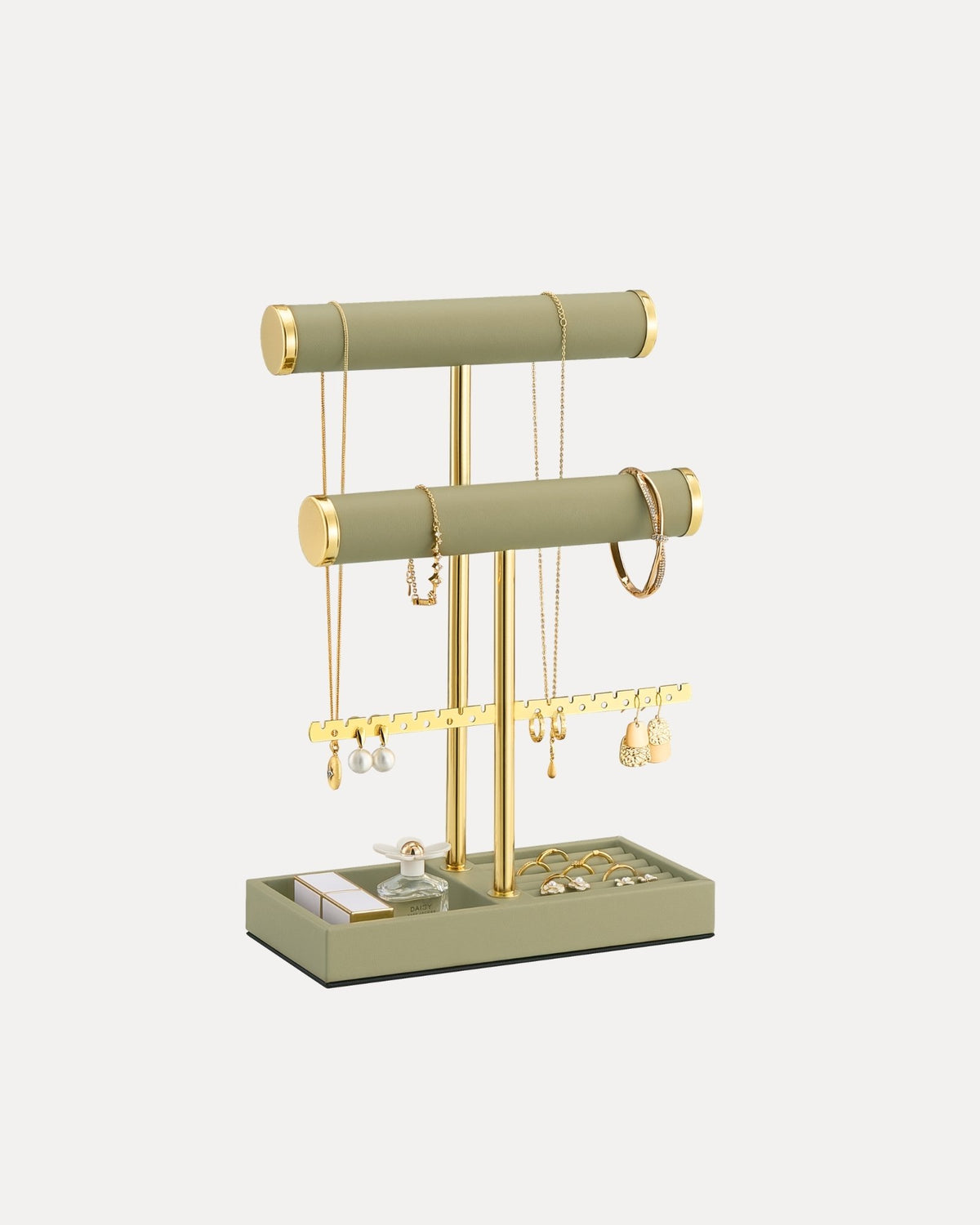 3-tier sage green jewelry organizer stand with necklace bars, earring rack, and ring tray