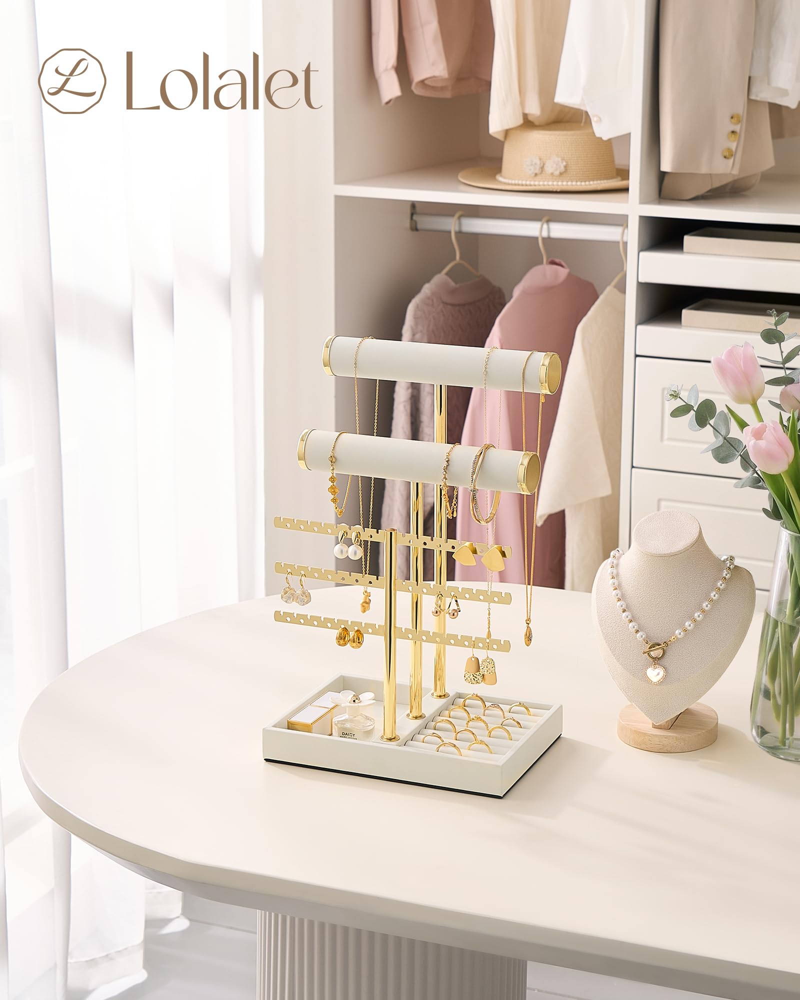 5-tier beige jewelry organizer stand with necklace bars, earring rack, and ring tray showing full organizer setup