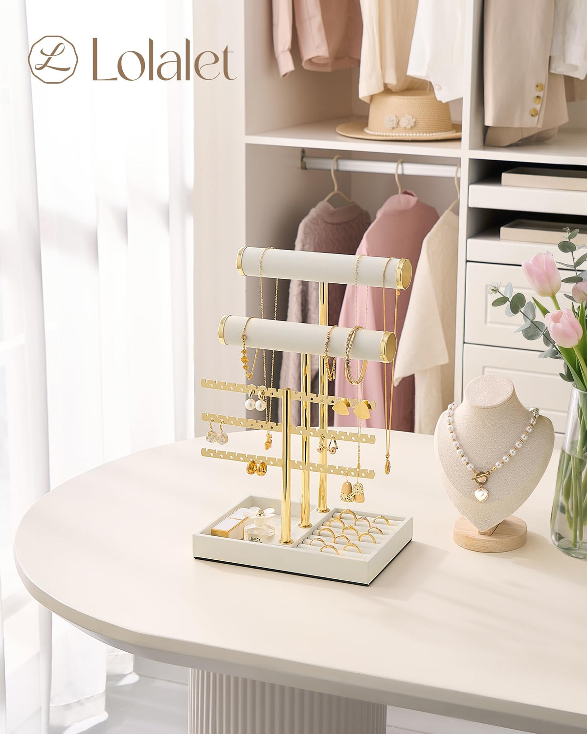 5-tier beige jewelry organizer stand with necklace bars, earring rack, and ring tray showing full organizer setup
