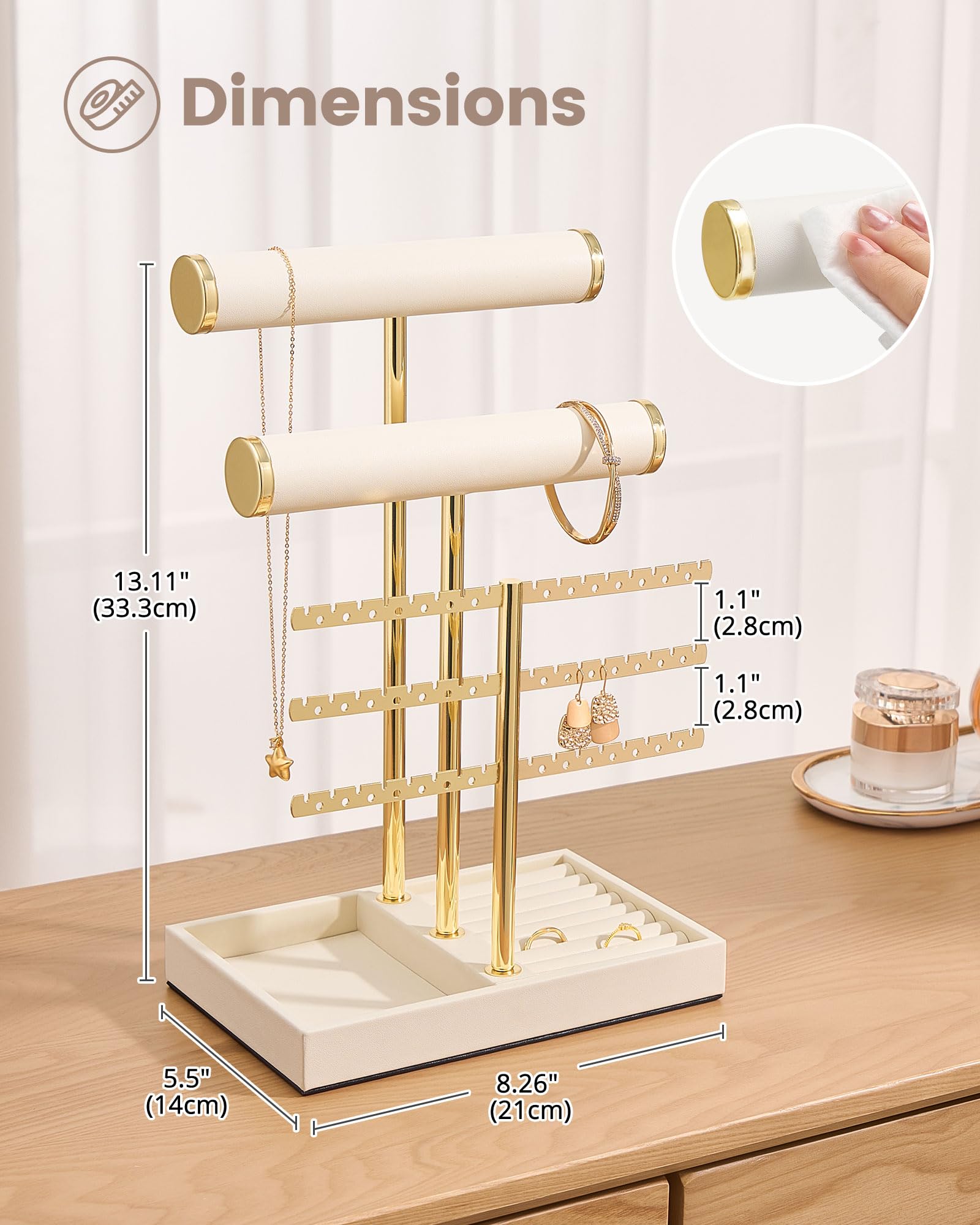 5-tier beige jewelry organizer stand with necklace bars, earring rack, and ring tray showing organized storage layout
