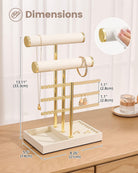 5-tier beige jewelry organizer stand with necklace bars, earring rack, and ring tray showing organized storage layout