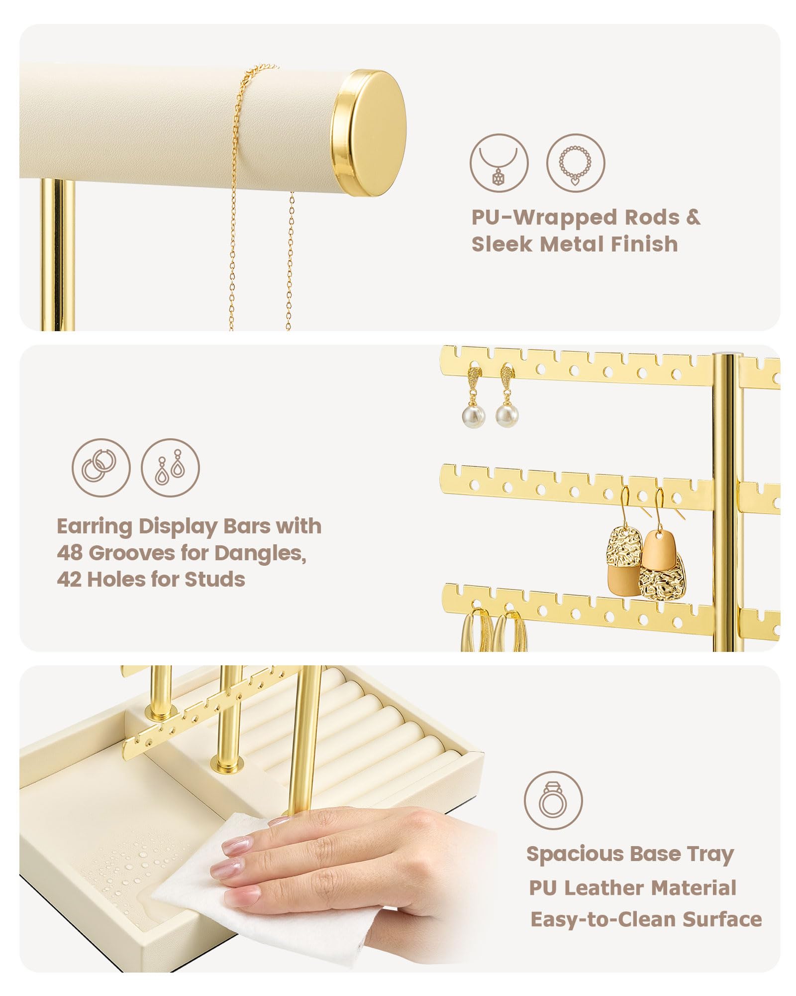 5-tier beige jewelry organizer stand with necklace bars, earring rack, and ring tray showing size and dimension details