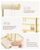 5-tier beige jewelry organizer stand with necklace bars, earring rack, and ring tray showing size and dimension details