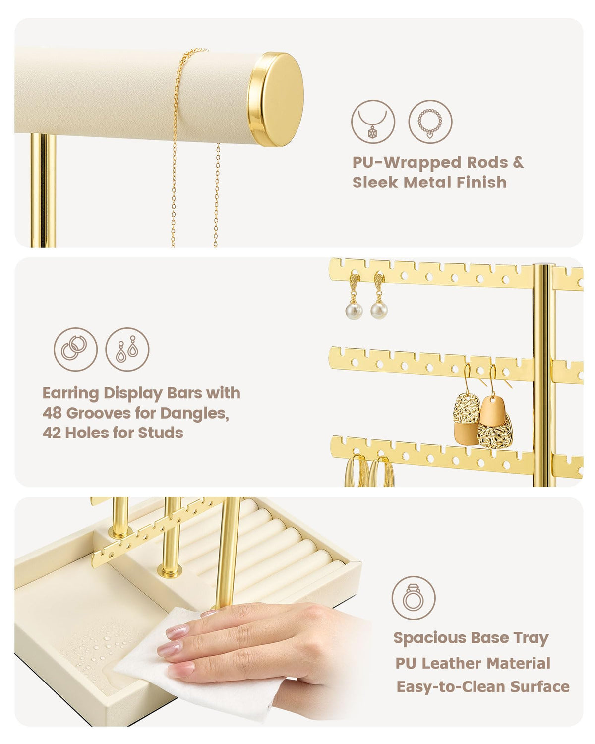 5-tier beige jewelry organizer stand with necklace bars, earring rack, and ring tray showing size and dimension details