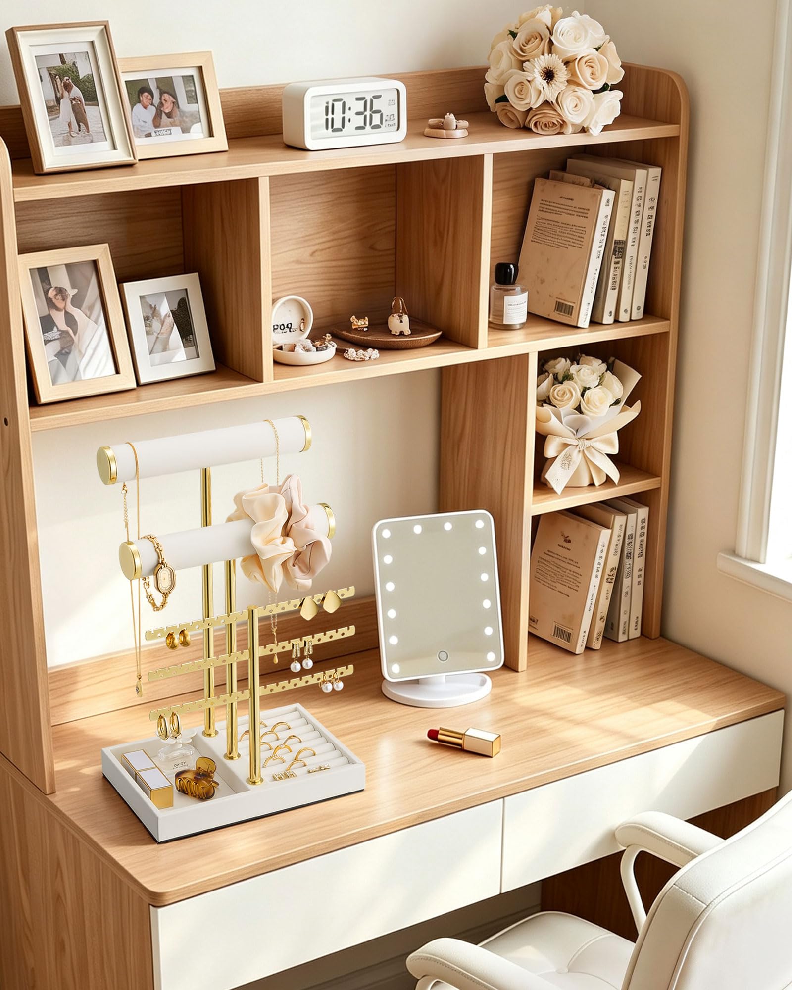 5-tier beige jewelry organizer stand with necklace bars, earring rack, and ring tray showing earring rack and necklace bars