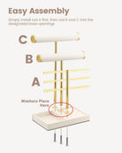 5-tier beige jewelry organizer stand with necklace bars, earring rack, and ring tray showing velvet ring tray