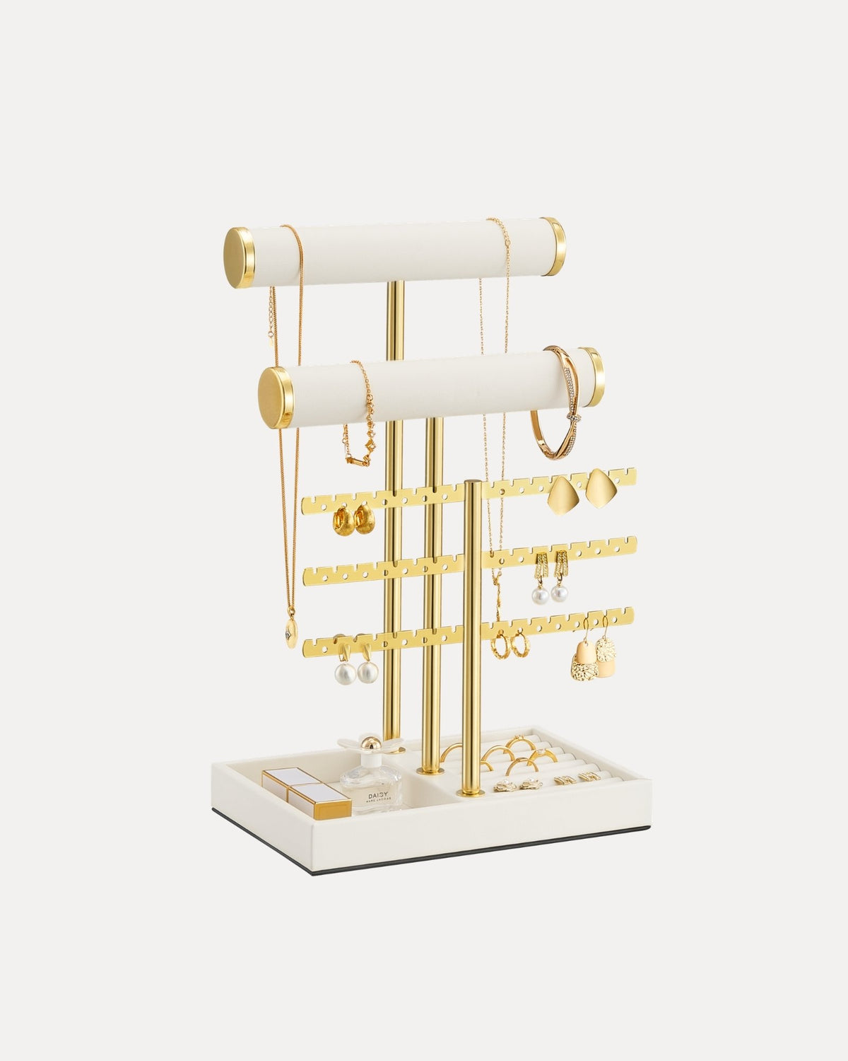5-tier beige jewelry organizer stand with necklace bars, earring rack, and ring tray