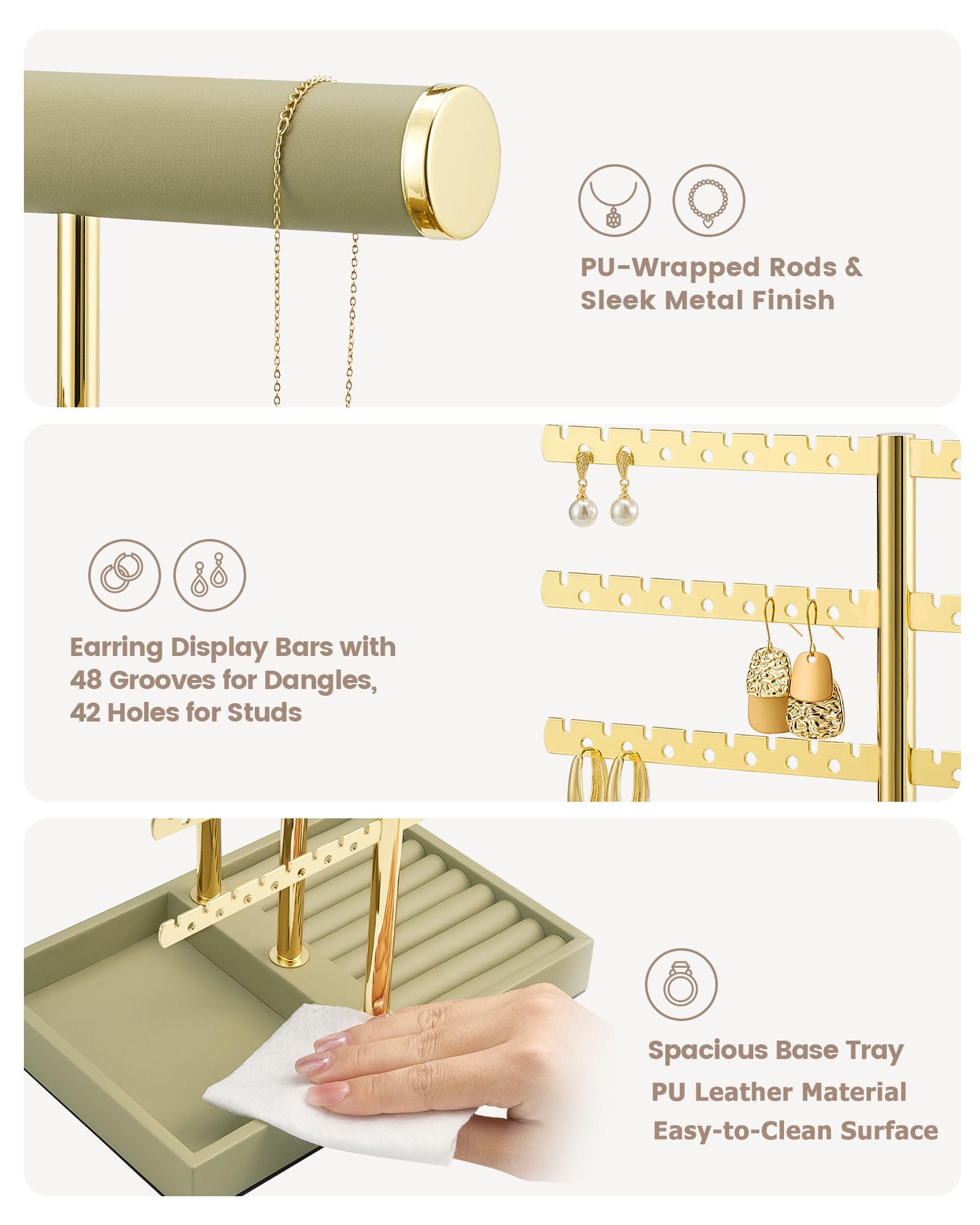 5-tier sage green jewelry organizer stand with necklace bars, earring rack, and ring tray showing full organizer setup