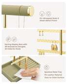 5-tier sage green jewelry organizer stand with necklace bars, earring rack, and ring tray showing full organizer setup