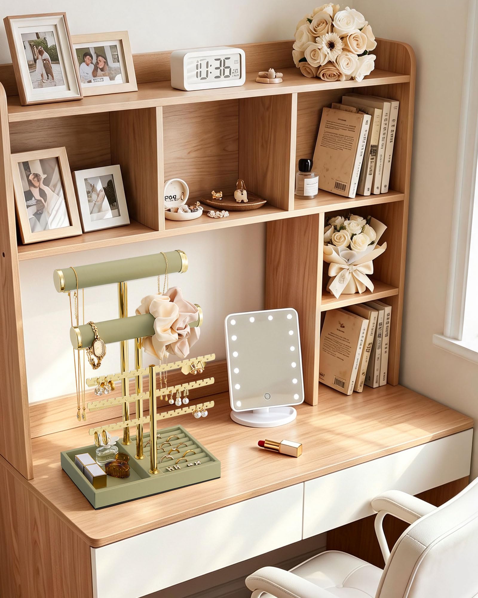 5-tier sage green jewelry organizer stand with necklace bars, earring rack, and ring tray showing earring rack and necklace bars