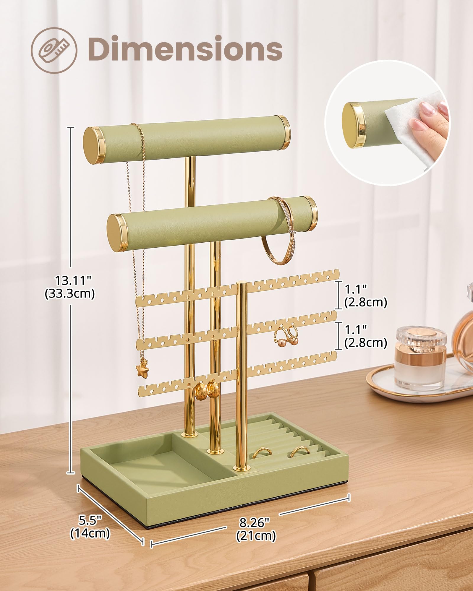 5-tier sage green jewelry organizer stand with necklace bars, earring rack, and ring tray showing velvet ring tray
