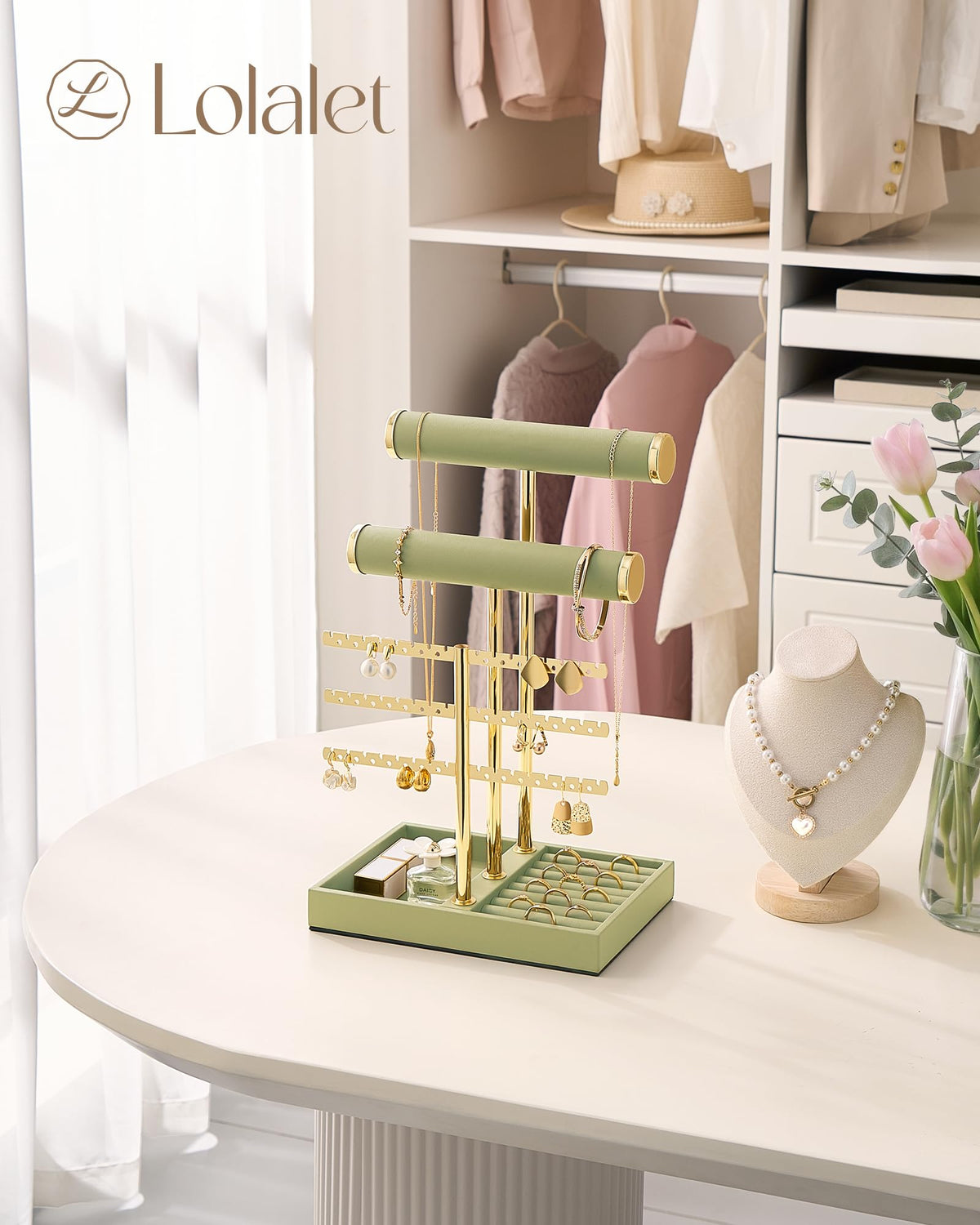 5-tier sage green jewelry organizer stand with necklace bars, earring rack, and ring tray showing tiered construction and display capacity