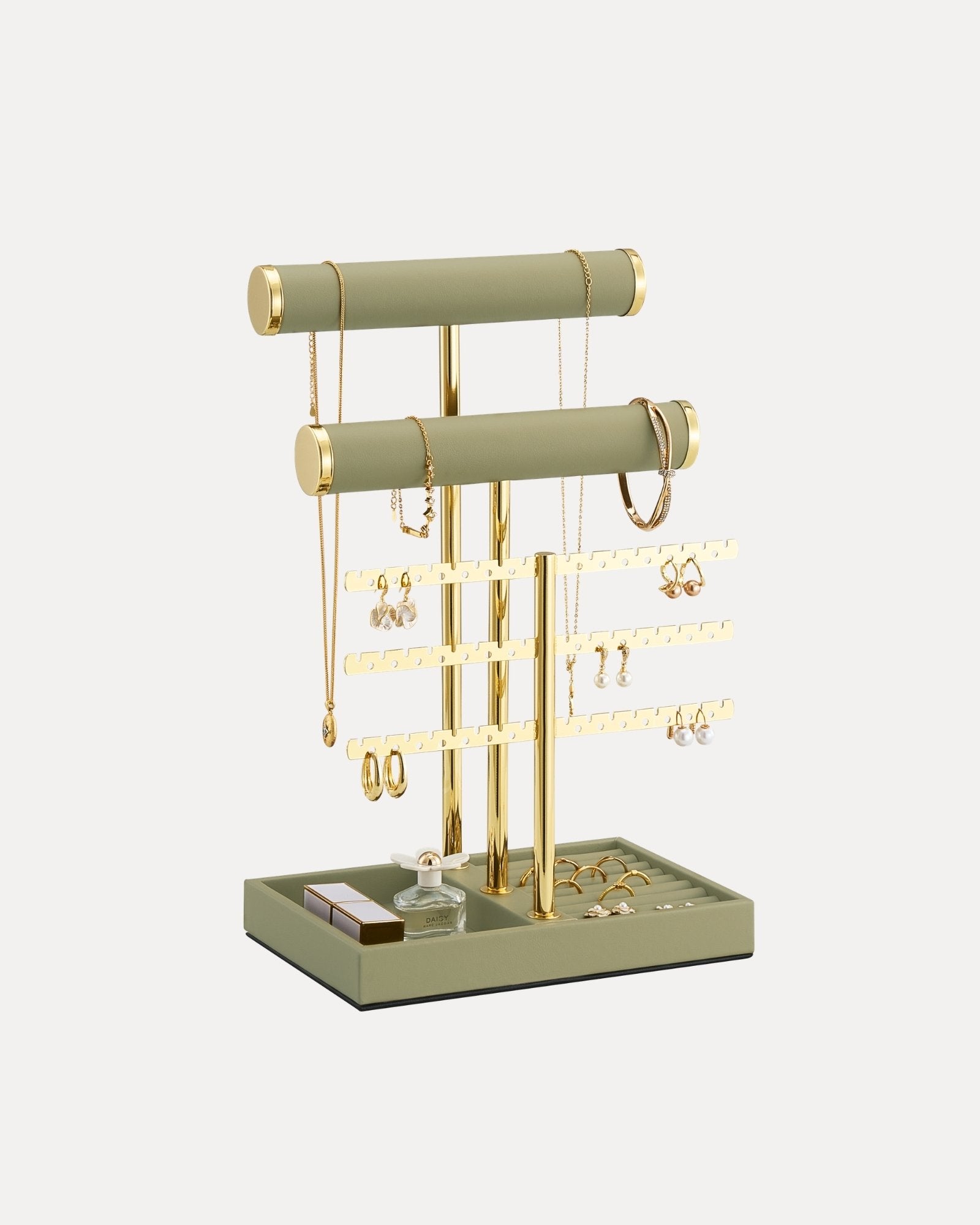 5-tier sage green jewelry organizer stand with necklace bars, earring rack, and ring tray