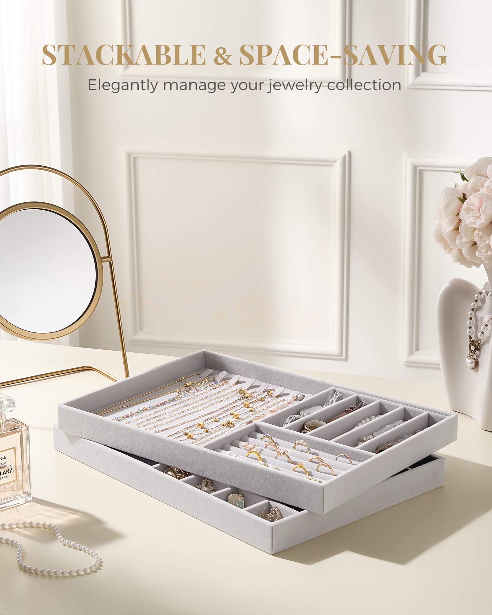Stackable Velvet Jewelry Organizer Tray Set