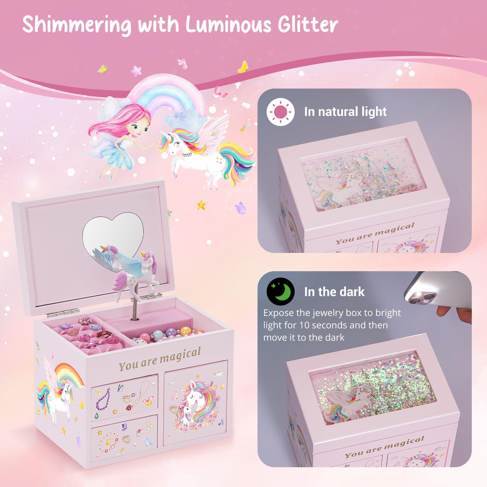 Wooden Musical Jewelry Box with Unicorn for Girls