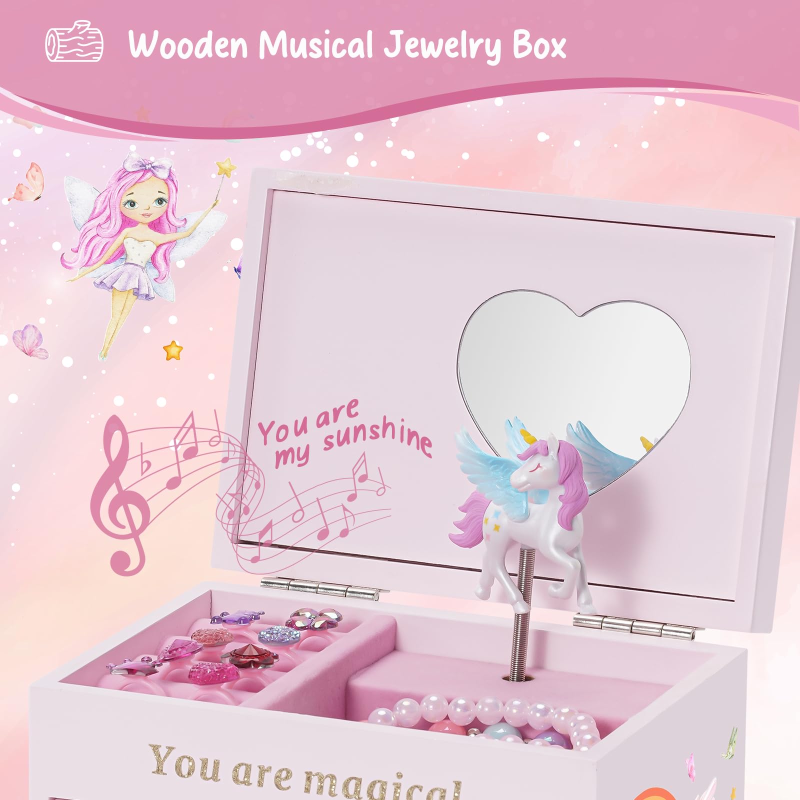Wooden Musical Jewelry Box with Unicorn for Girls
