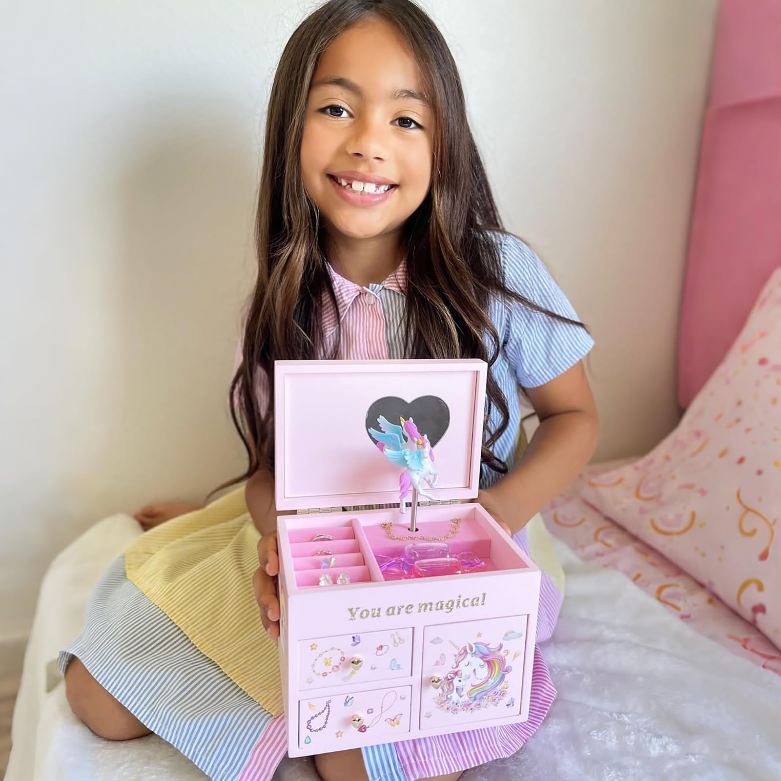 Wooden Musical Jewelry Box with Unicorn for Girls