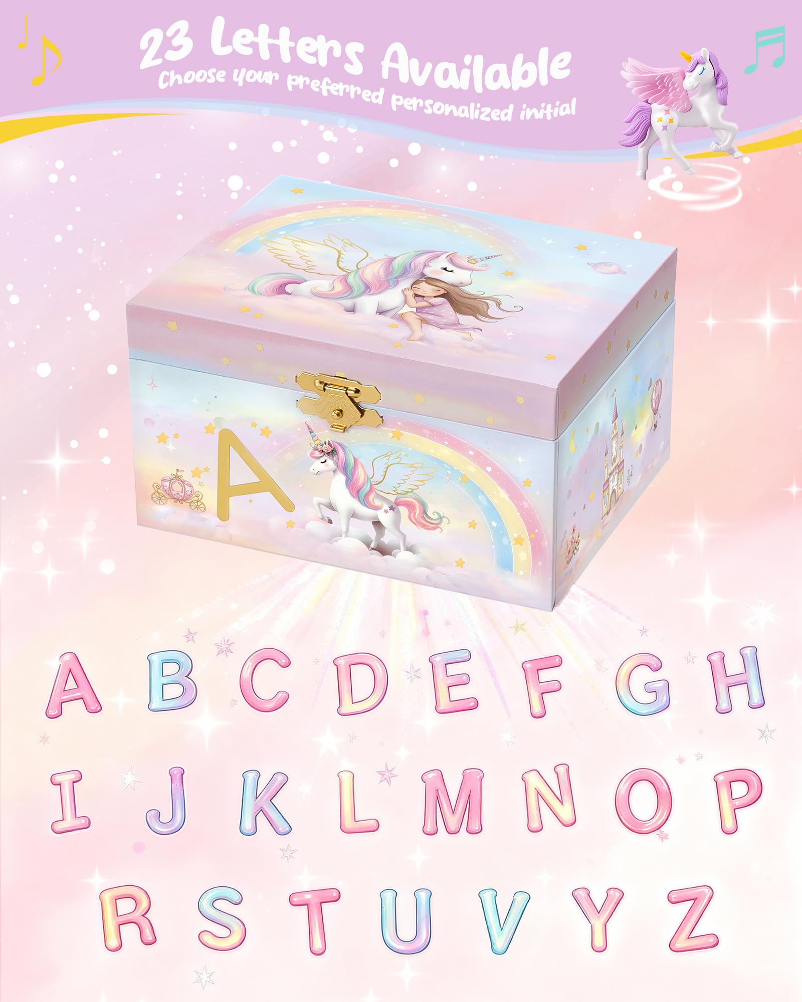 Unicorn Initial Musical Jewelry Box for Kids