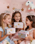 Initial A unicorn musical jewelry box showing the included jewelry