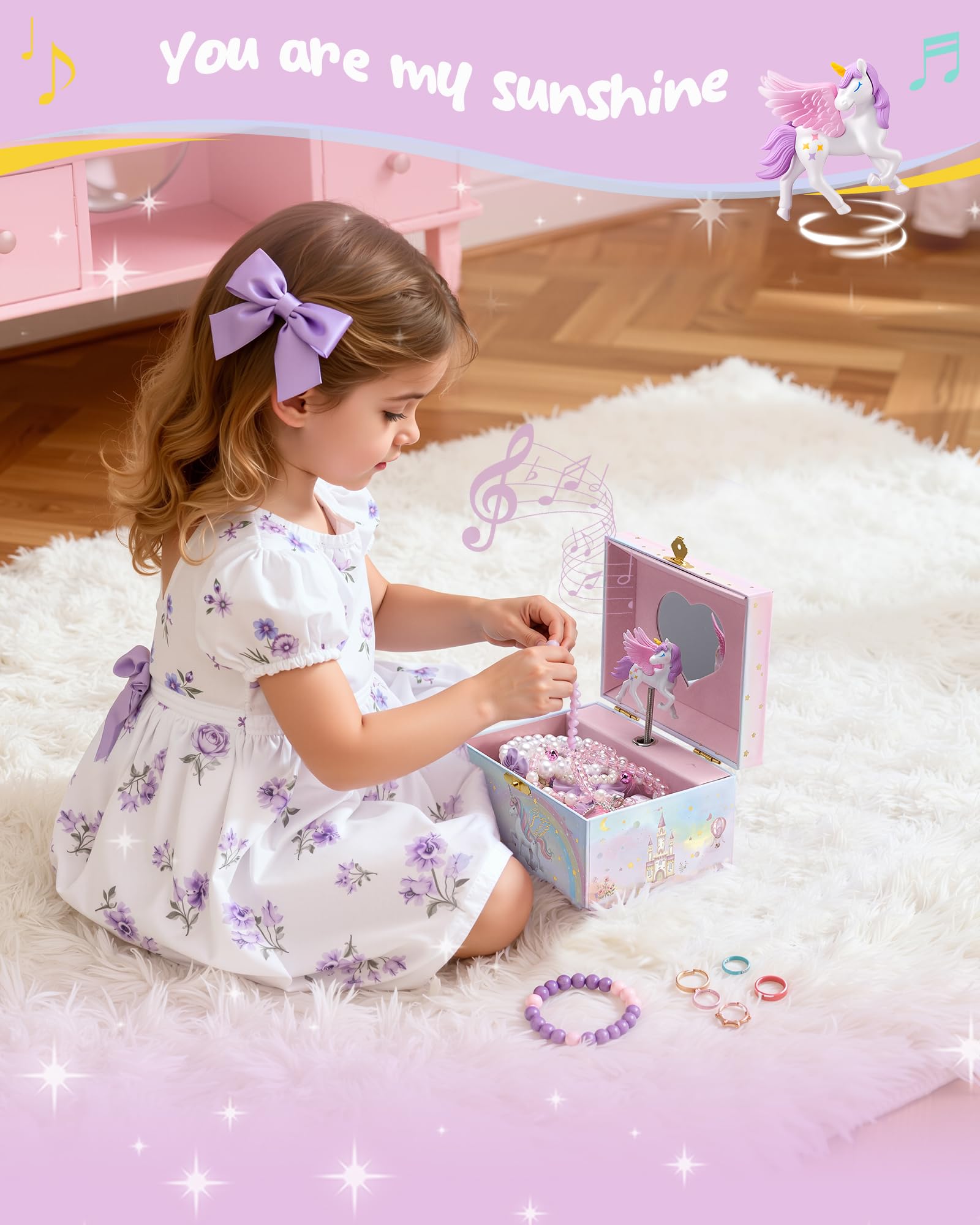 Initial A unicorn musical jewelry box with coordinated unicorn accessories