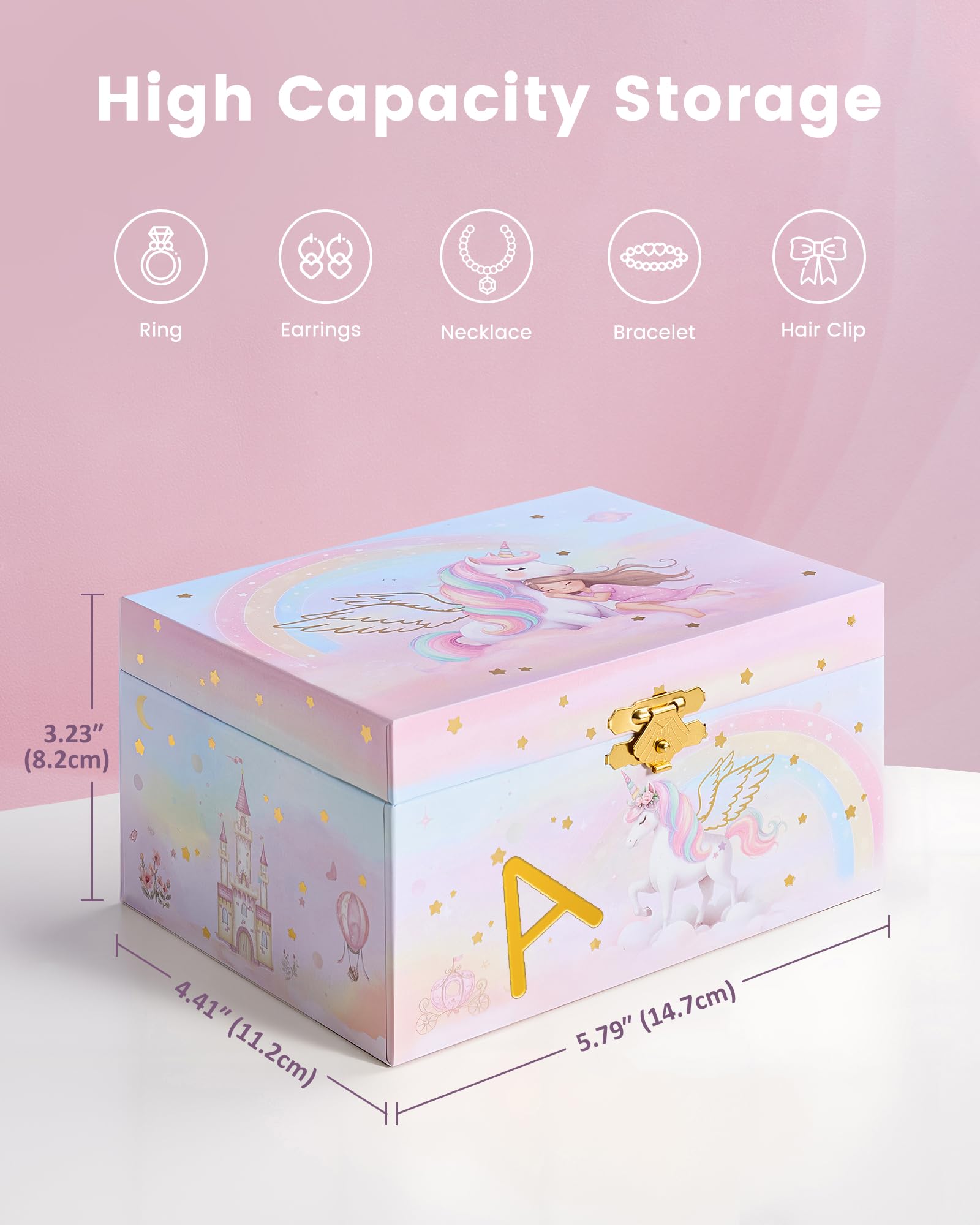 Initial A unicorn musical jewelry box open with jewelry arranged inside