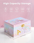 Initial A unicorn musical jewelry box open with jewelry arranged inside