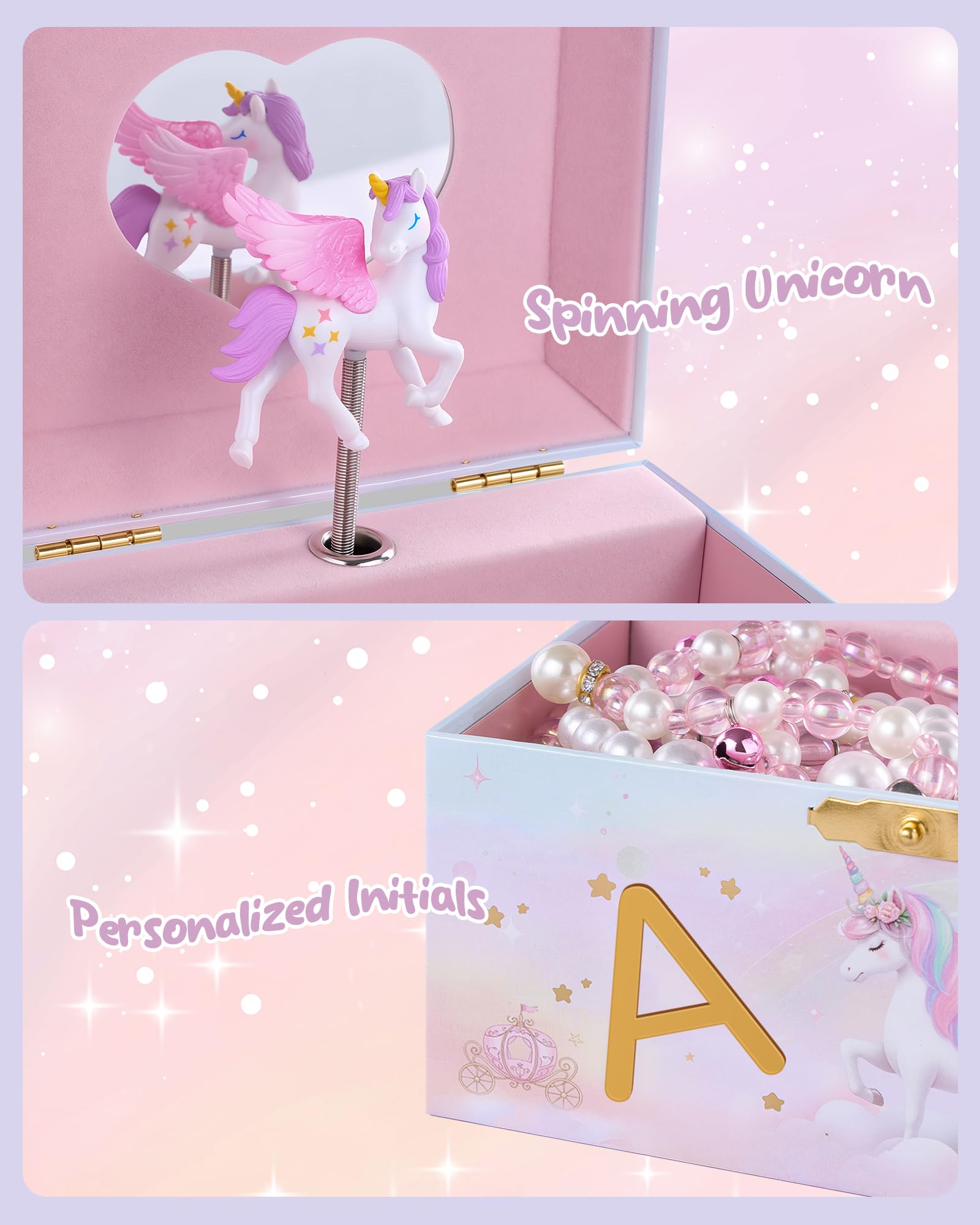 Initial A unicorn musical jewelry box showing storage and accessories