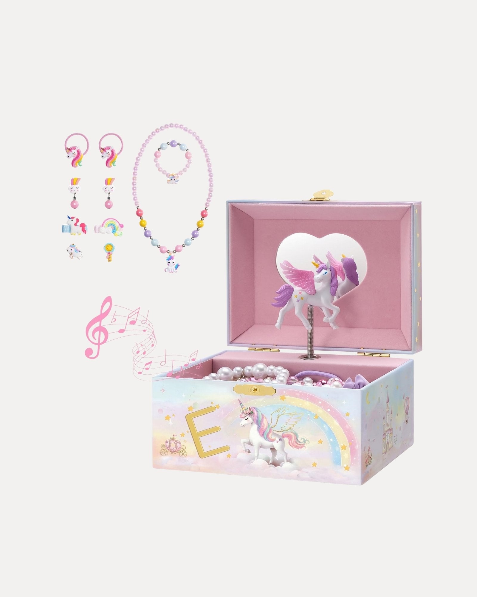 Initial E unicorn musical jewelry box with matching jewelry set