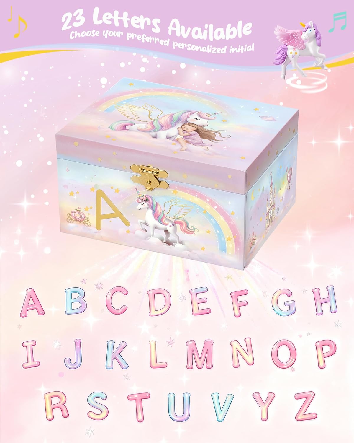 Unicorn Initial Musical Jewelry Box for Kids