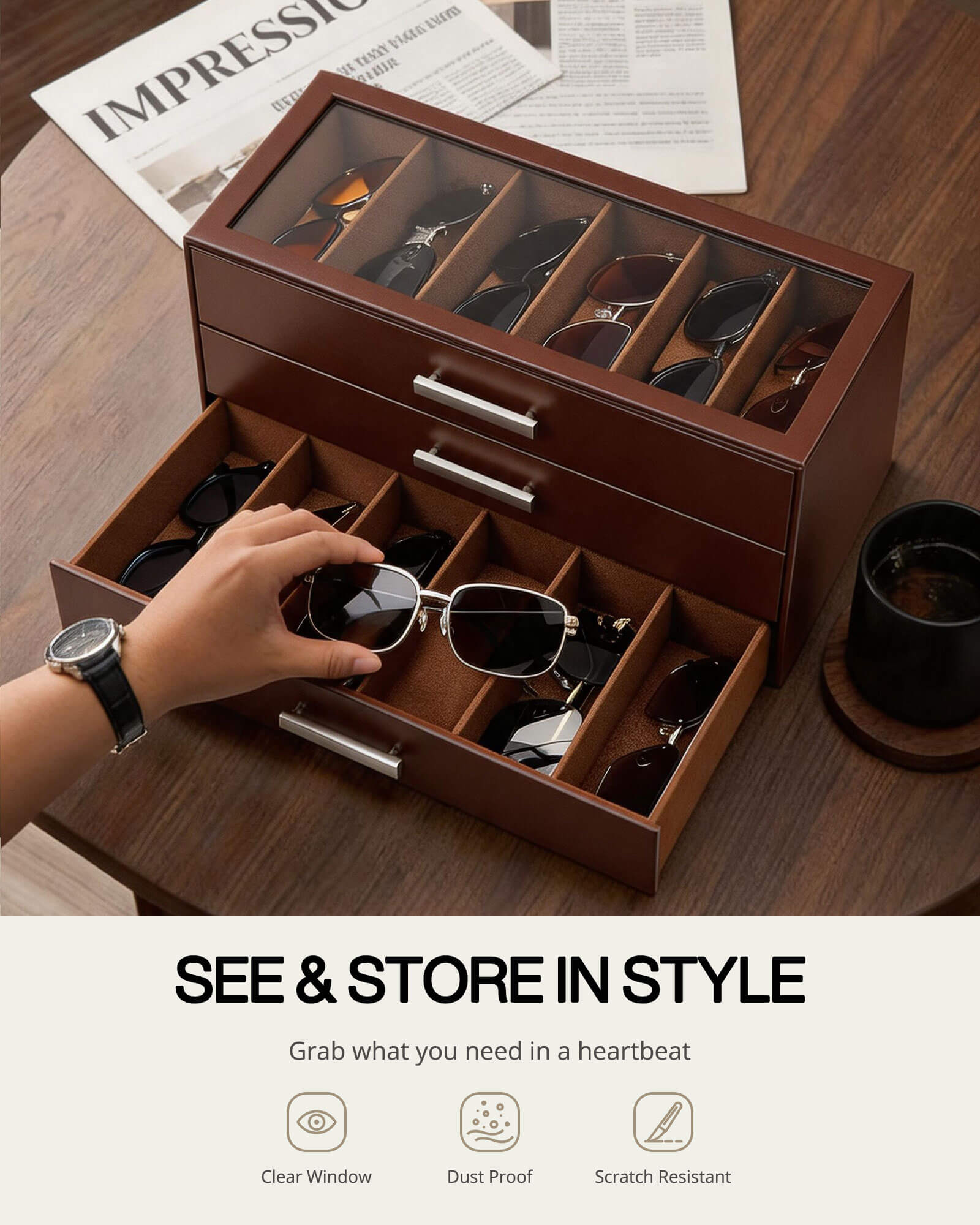 Glasses & Sunglasses Organizer Box with Clear Glass Lid