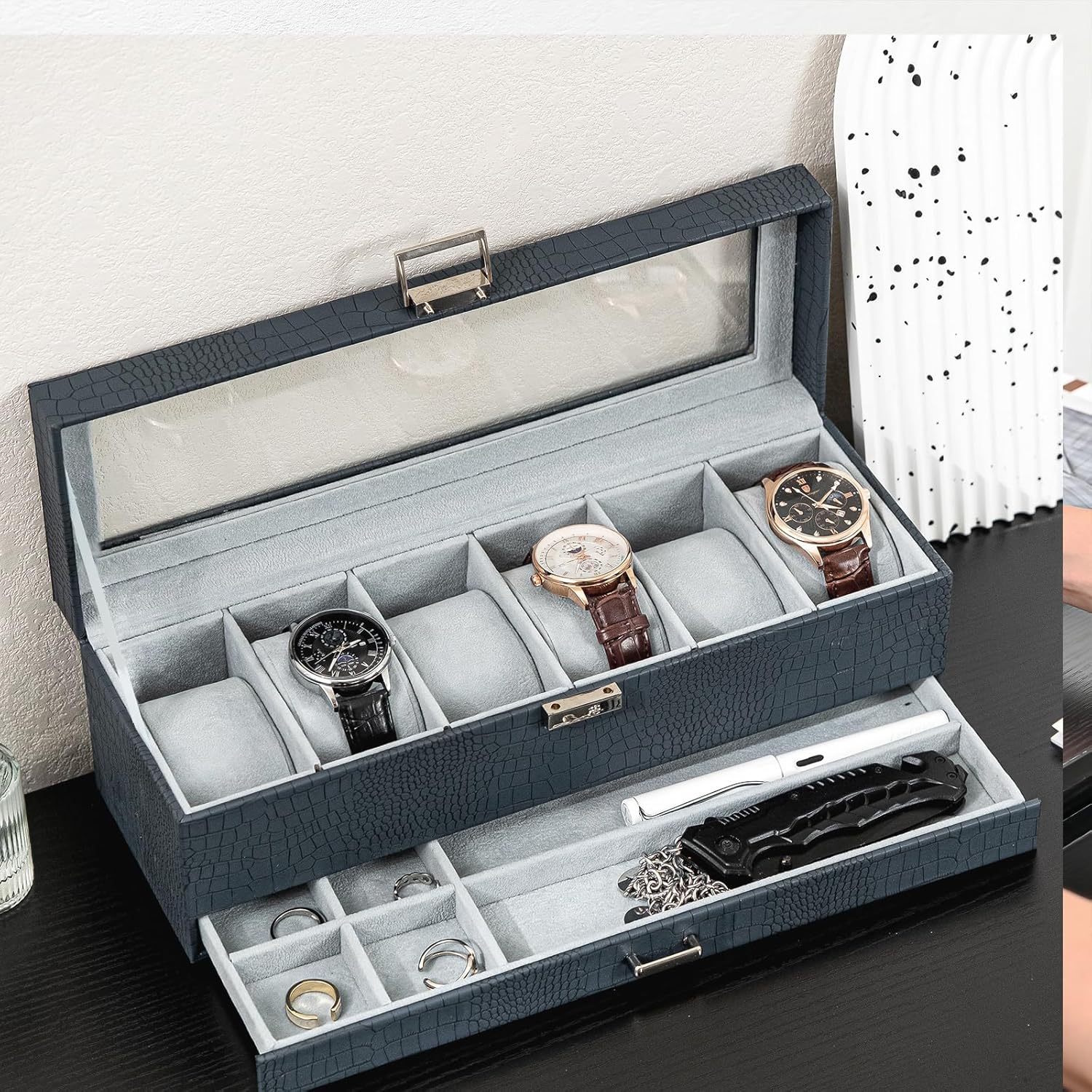6 Slot 2-Layer Watch Display Case with Drawer