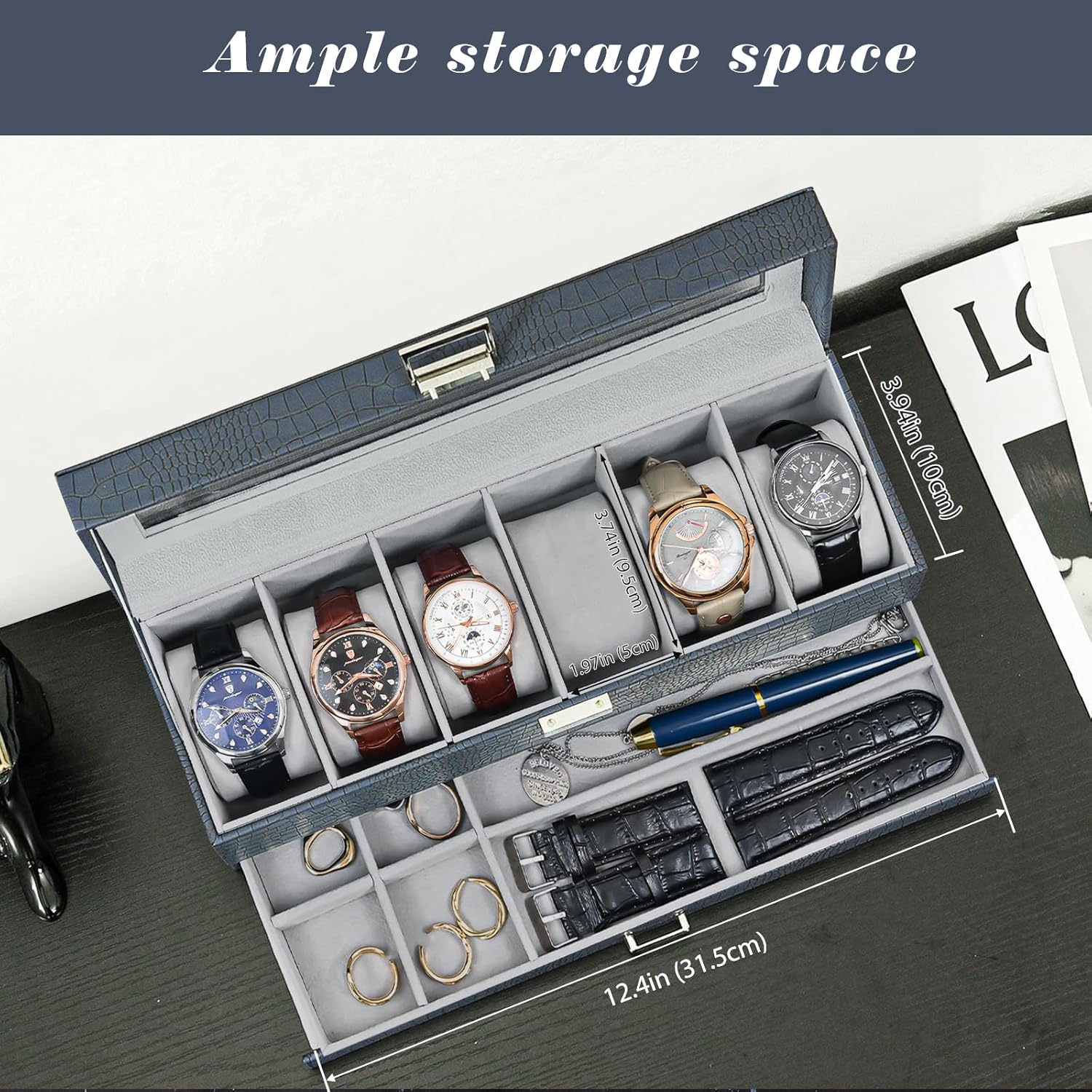 6 Slot 2-Layer Watch Display Case with Drawer