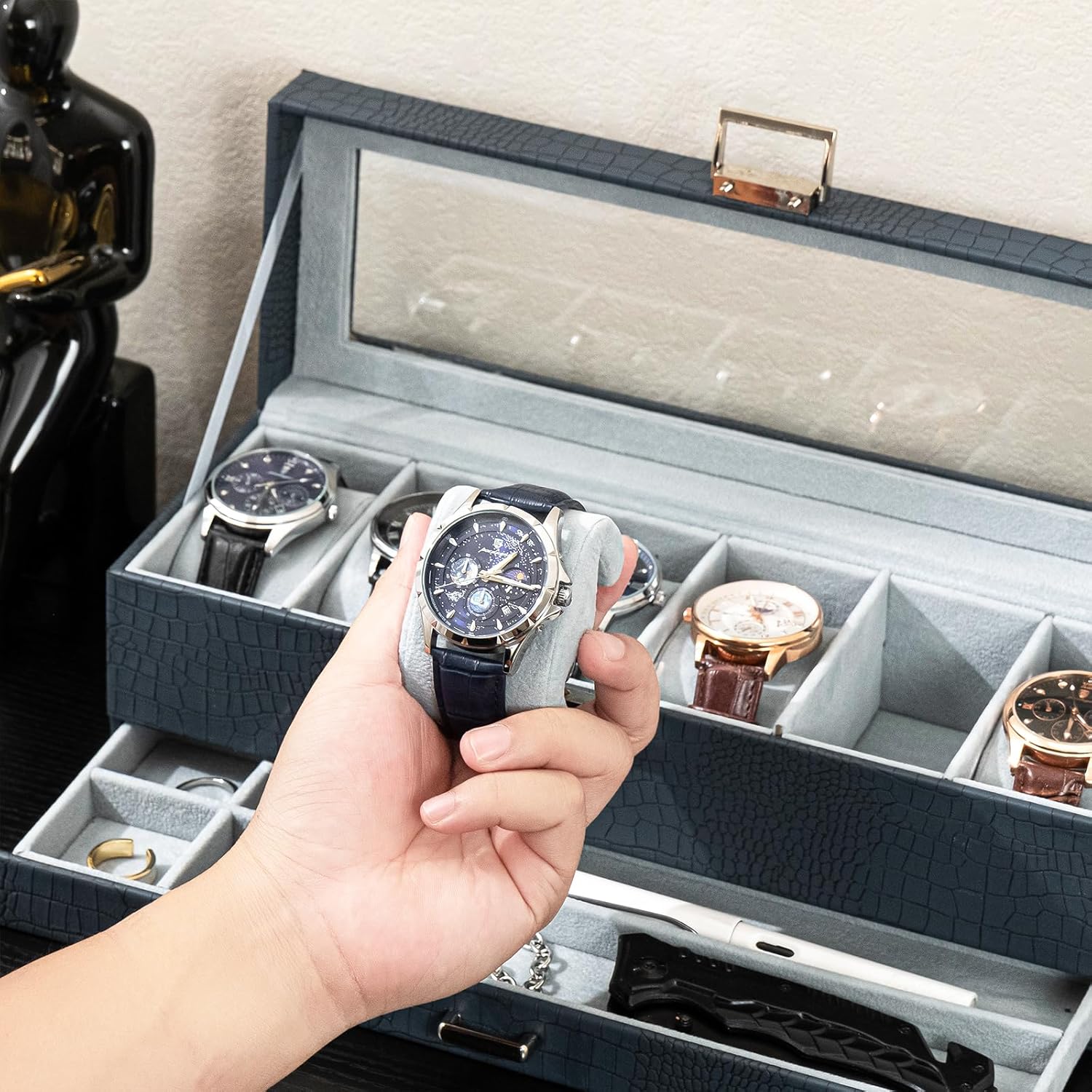 6 Slot 2-Layer Watch Display Case with Drawer