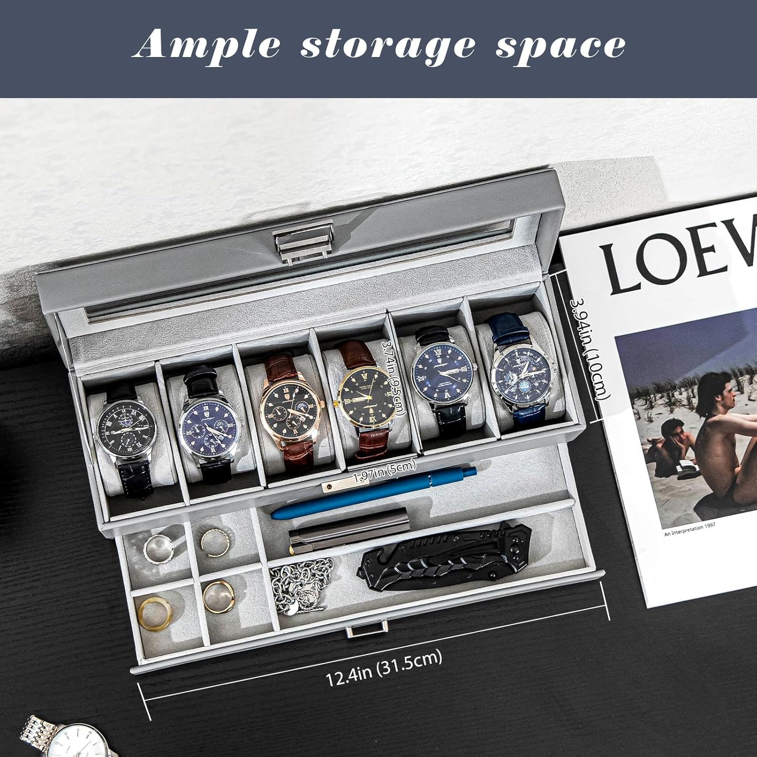 6 Slot 2-Layer Watch Display Case with Drawer