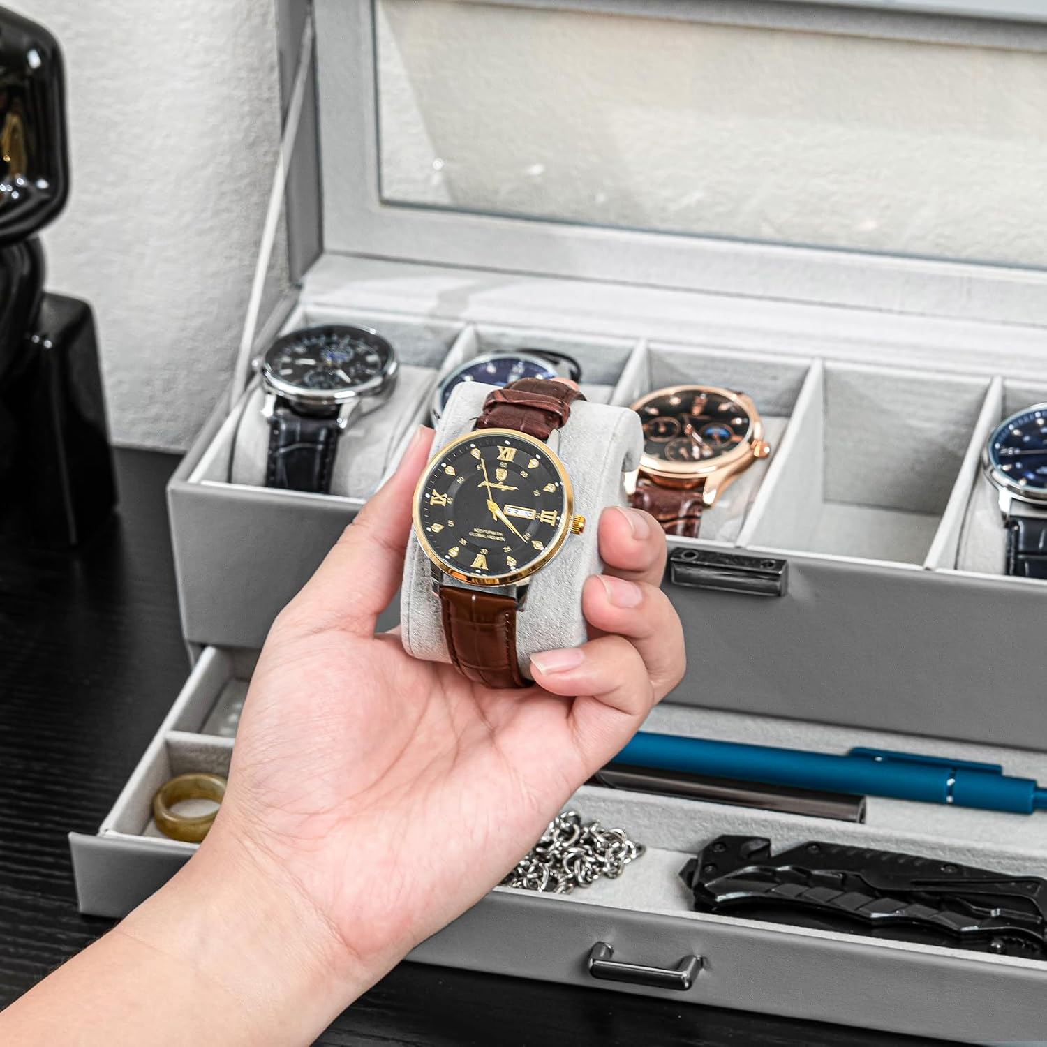 6 Slot 2-Layer Watch Display Case with Drawer