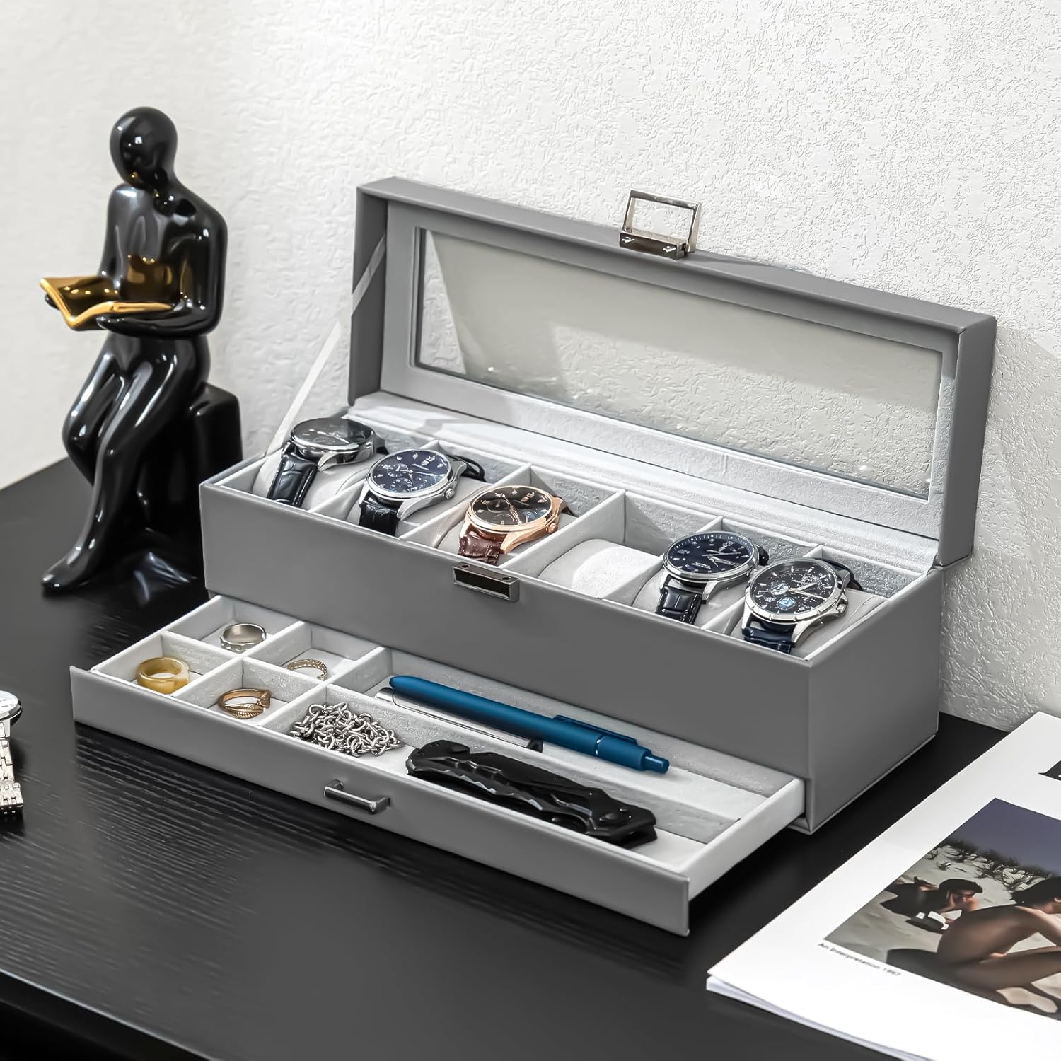 6 Slot 2-Layer Watch Display Case with Drawer