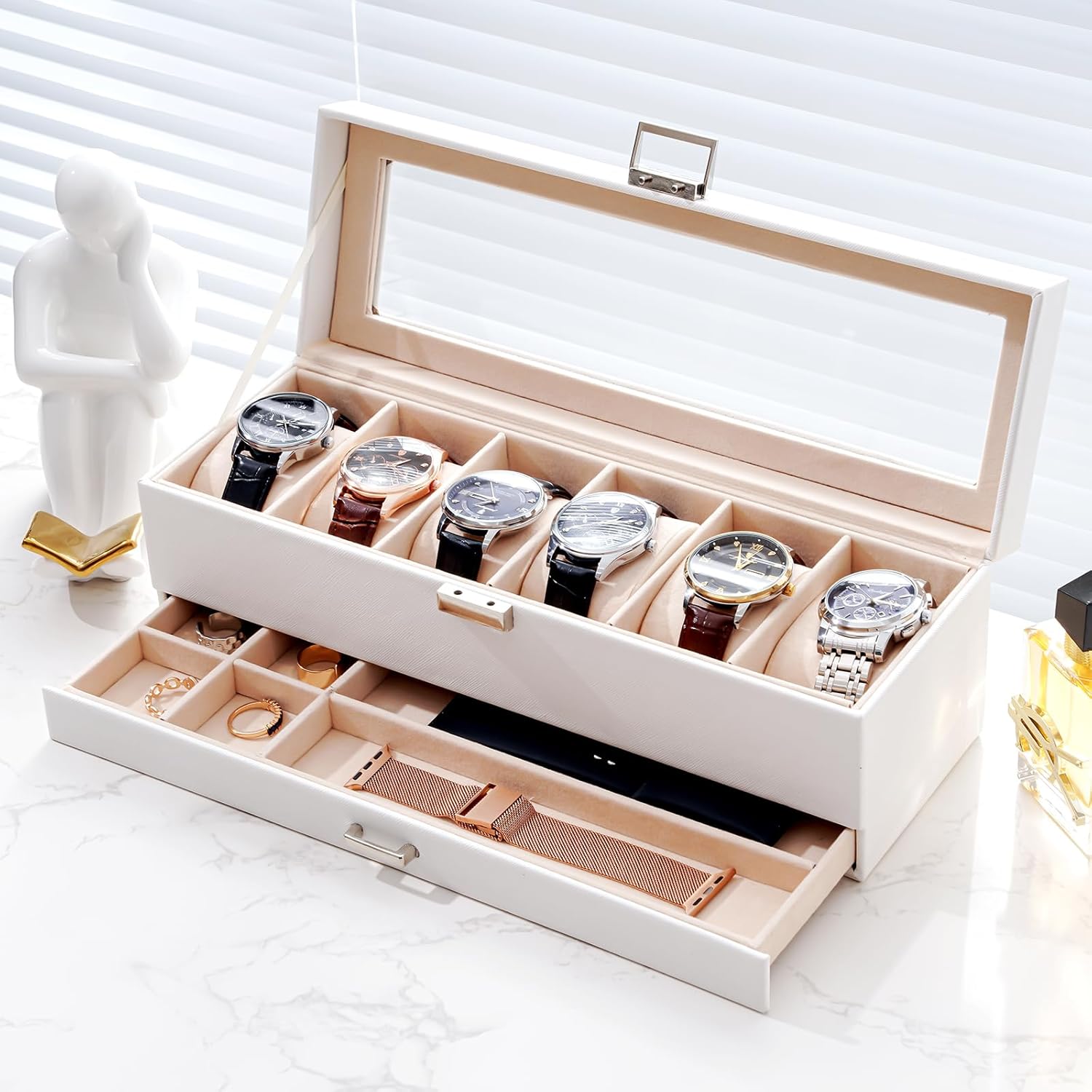 6 Slot 2-Layer Watch Display Case with Drawer
