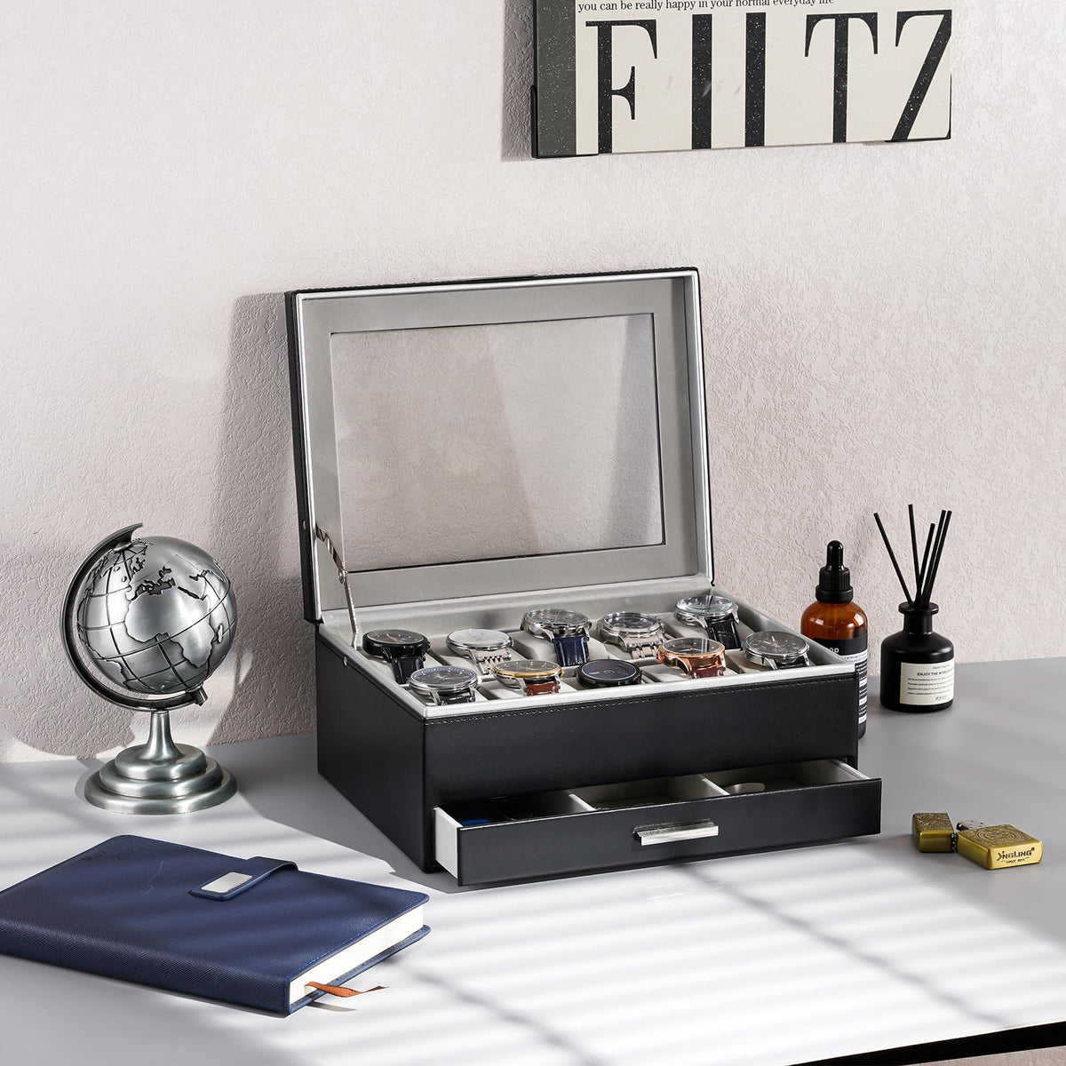 10 Slot Watch Display Case with Drawer