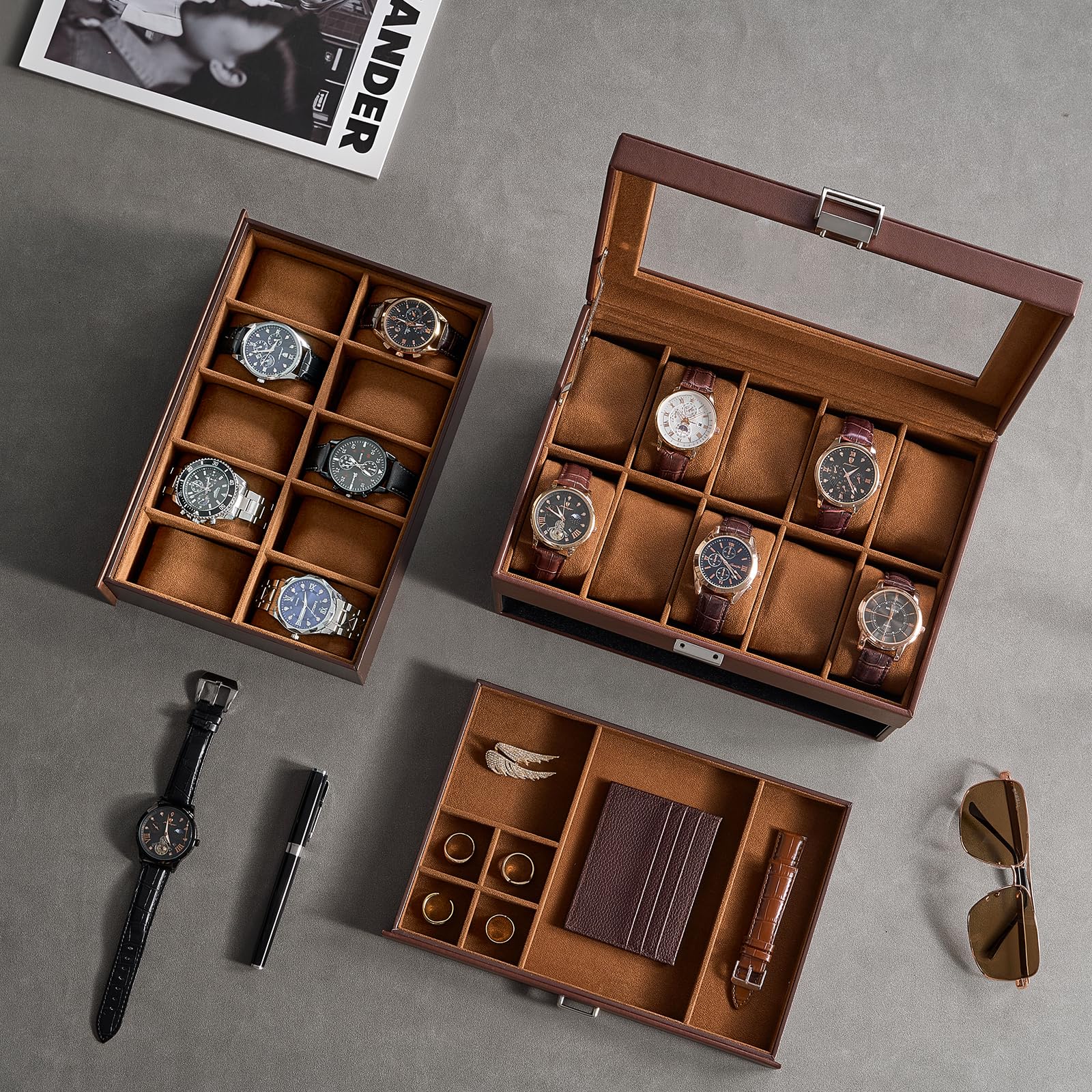 3-Layer Multi-Function Watch Display Case with Glass Lid (20 Slots)