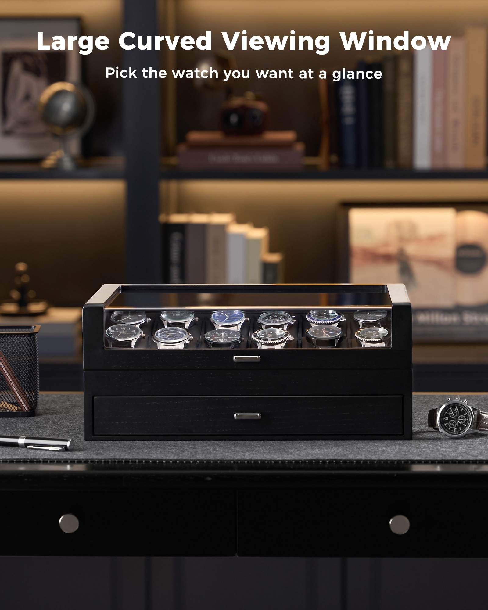 Multi-Function Wooden Watch Box with L-Shaped Clear Window & Drawer