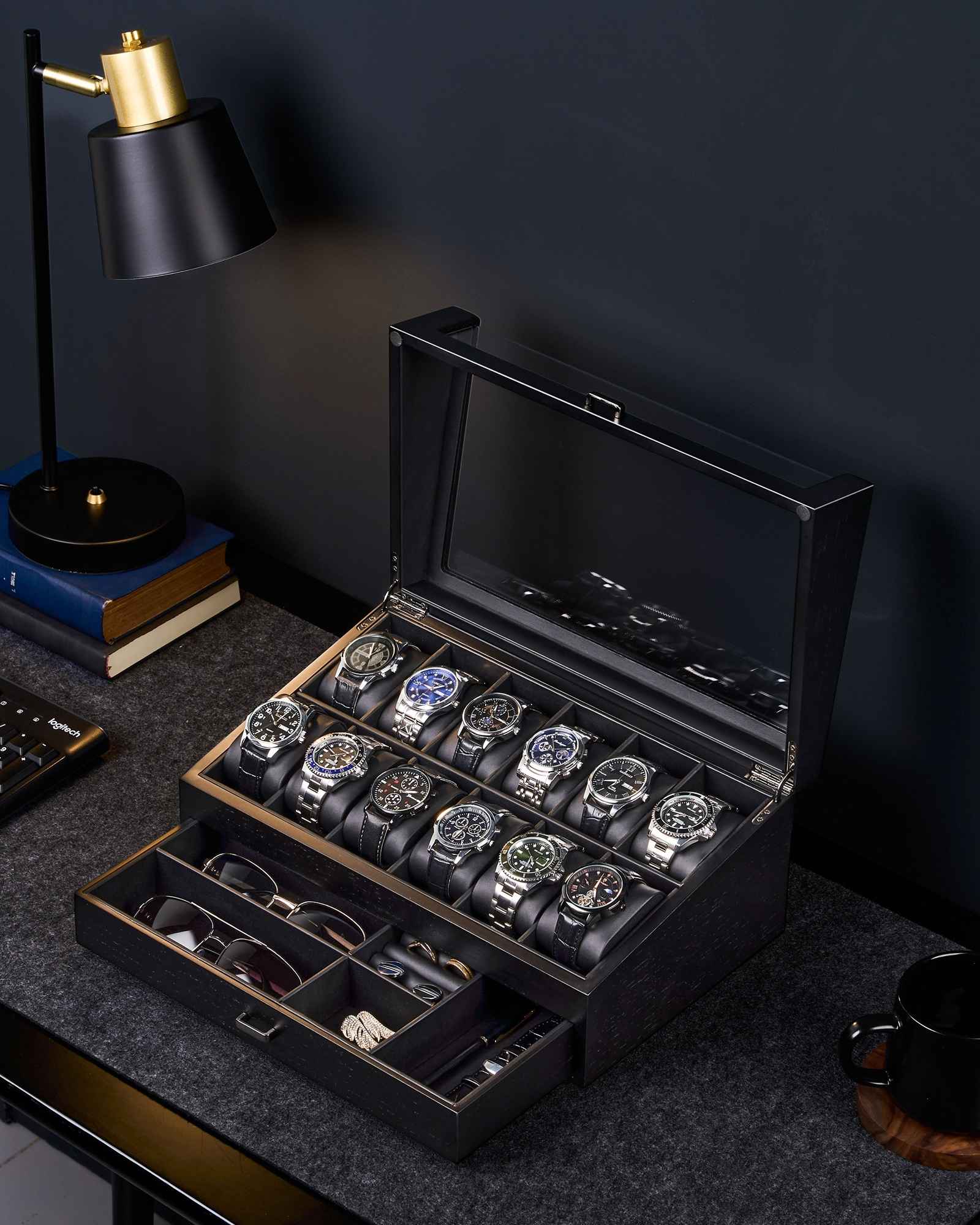 Multi-Function Wooden Watch Box with L-Shaped Clear Window & Drawer