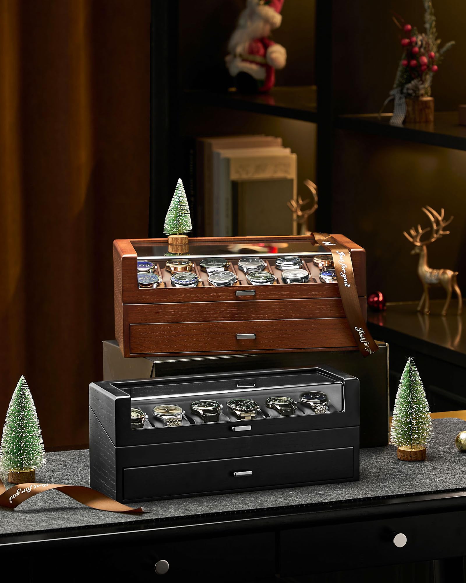 Multi-Function Wooden Watch Box with L-Shaped Clear Window & Drawer